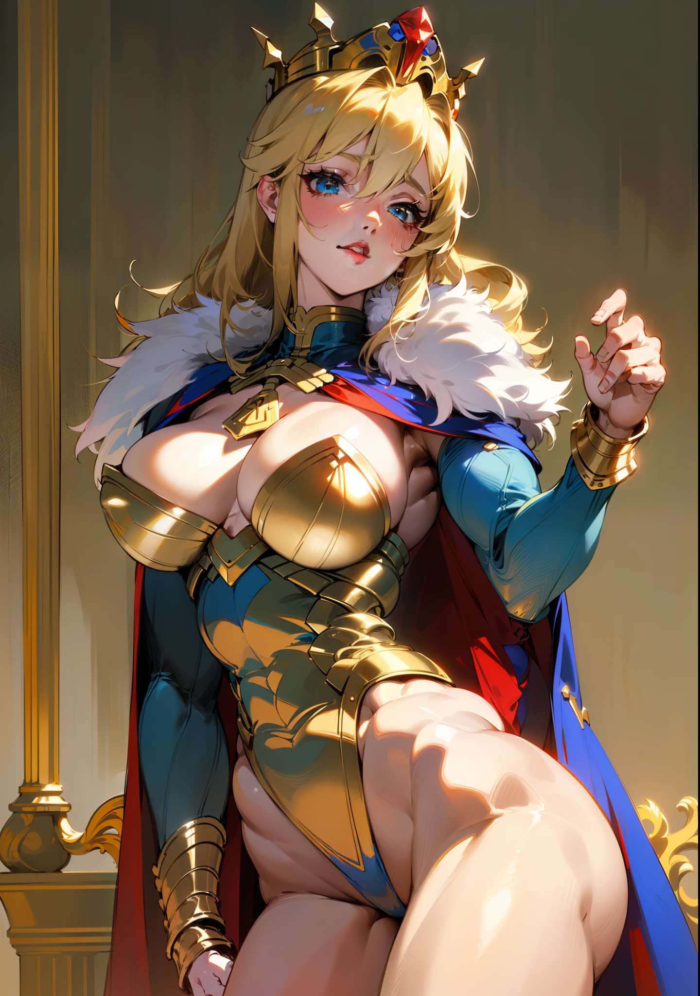 (Original: 1.2), (SFW), Masterpiece, Realistic, beste-Qualit, beautiful clean face, a 1girl, (blonde hair, big breastes, Slim, wide thighs), stands, Posing, Lancer Artoria, ((Blue, Golden leotard, (red cape with white fur)), golden crown, Erotica, luna, night time, Simple background