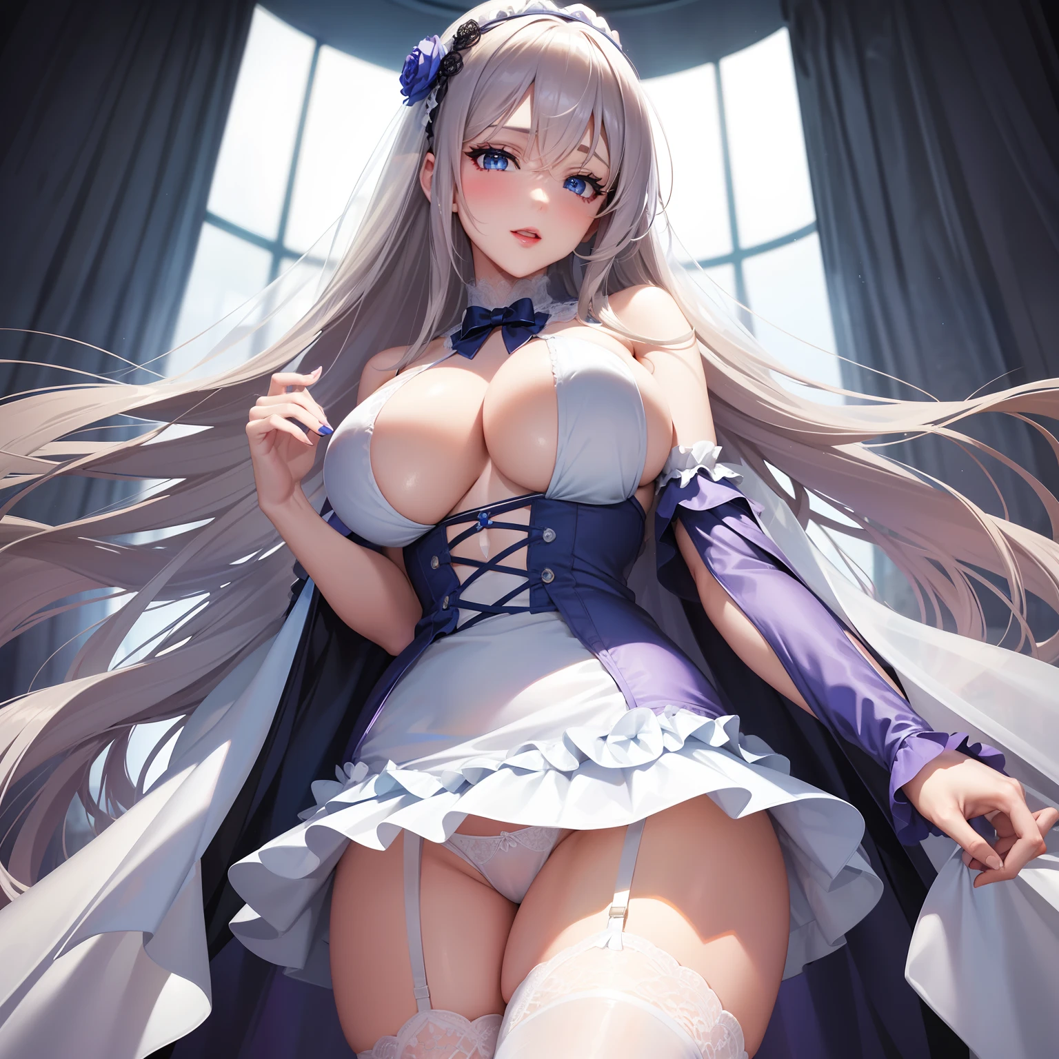 from below, skirt lift, light purple lace panty, white and light blue lace long dress, fluttering long skirt, black knee high socks, thighs, garter belt, lingerie, high image, super detail, high resolution, intelligent beauty, laugh like a prankster, happy, shy, light brown glossy medium short wavy flowing layered messy hair, blue big sparkling eyes, red alluring moist lips, make up, ecstatic expression, amorous expression, seductive look, large breasts, under boob, side boob, great proportion, perfect proportion, slender, full body, anime, manga, illustration