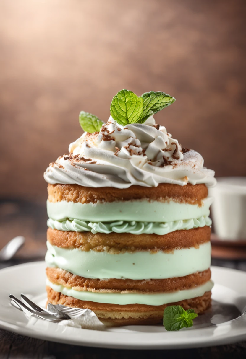 There is a piece of cake，Top with whipped cream and mint leaves, whipped cream on top, close up food photography, Dessert, pastie, Close-up Shot Shot, Cupcakes, Close-up shot, close - up shot, caramel, professional food photography, california;, cream-colored, recipe, closeup cleavage，Masterpiece - View, medium close up shot, highly detailed shot