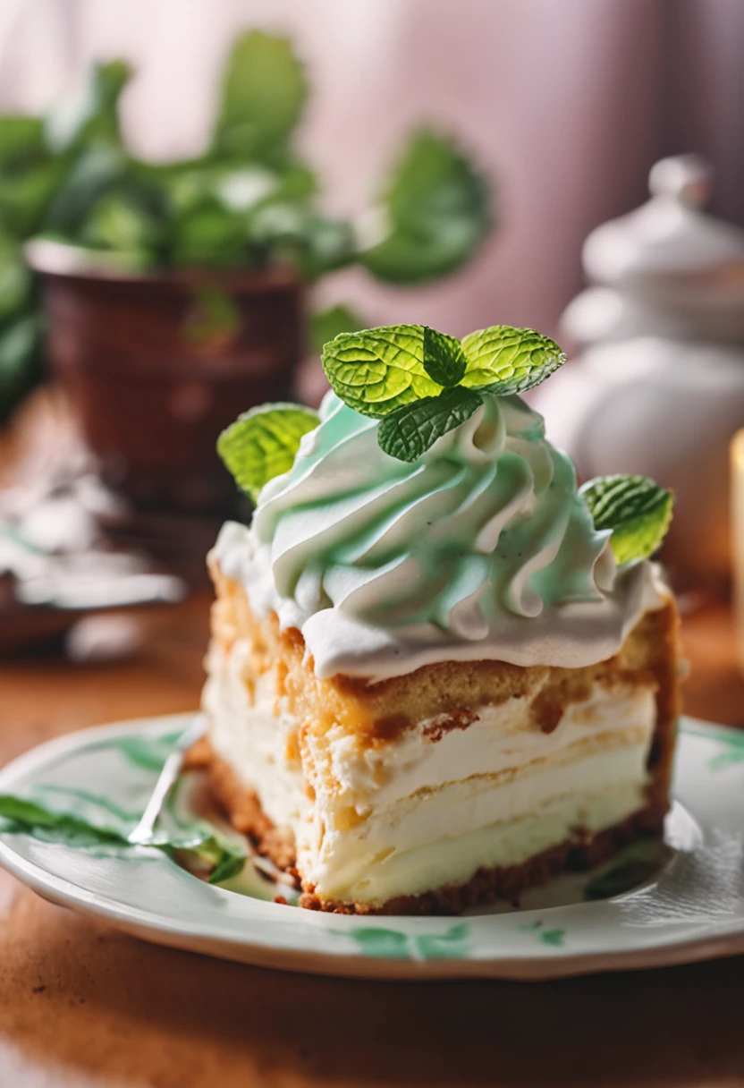 There is a piece of cake，Top with whipped cream and mint leaves, whipped cream on top, close up food photography, Dessert, pastie, Close-up Shot Shot, Cupcakes, Close-up shot, close - up shot, caramel, professional food photography, california;, cream-colored, recipe, closeup cleavage，Masterpiece - View, medium close up shot, highly detailed shot