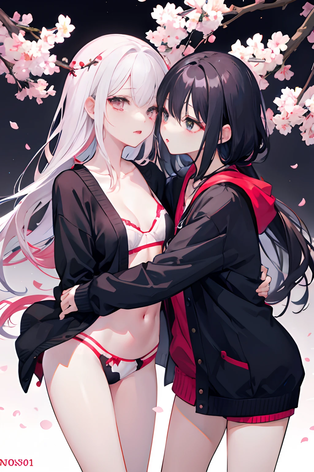 2girls、nightcity、Great body、Great legs、Comes a cardigan over a bra、A dark-haired、Holding a weapon with blood on it、Cherry blossoms are dancing、poneyTail、Niō Standing、Holding a knife、Pointed mouth、Ordinary girl、Stick out the body、I'm wearing cute panties、Both are kissing、Touching the body、Licking each other、Kissing、Looks distressed