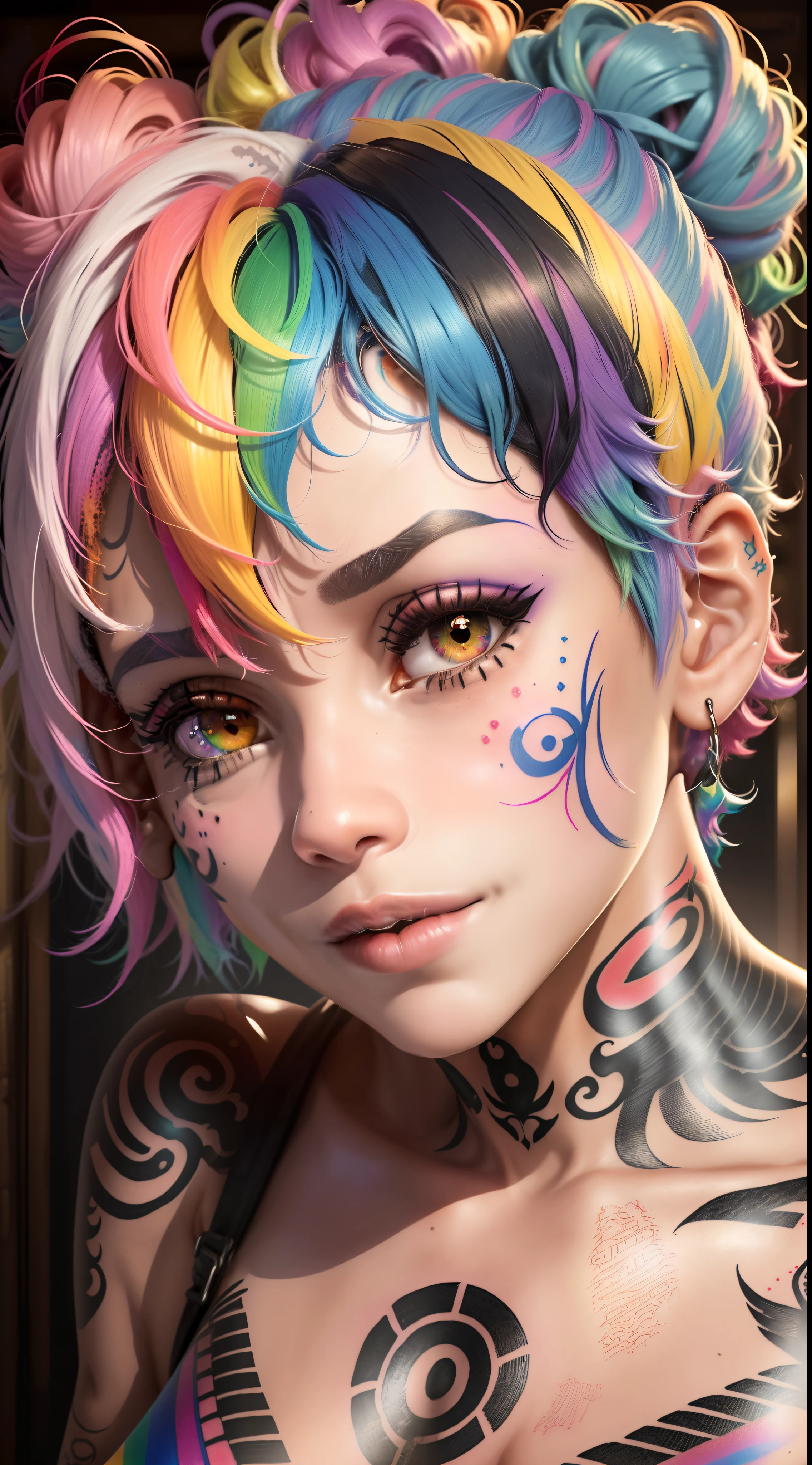 1closeup of an 18 year old girl tattooed on her face all rainbow hair(AFRO AMERICANA)), ((Short hair rainbow color), sorrindo,((with various tattoos on his face)),( fleshy lips)olhos grandes,sardas no rosto ,batom vermelho,( pircing on the lip),colar, brinco, e maquiagem, Angle of the face up close, Looking at camera