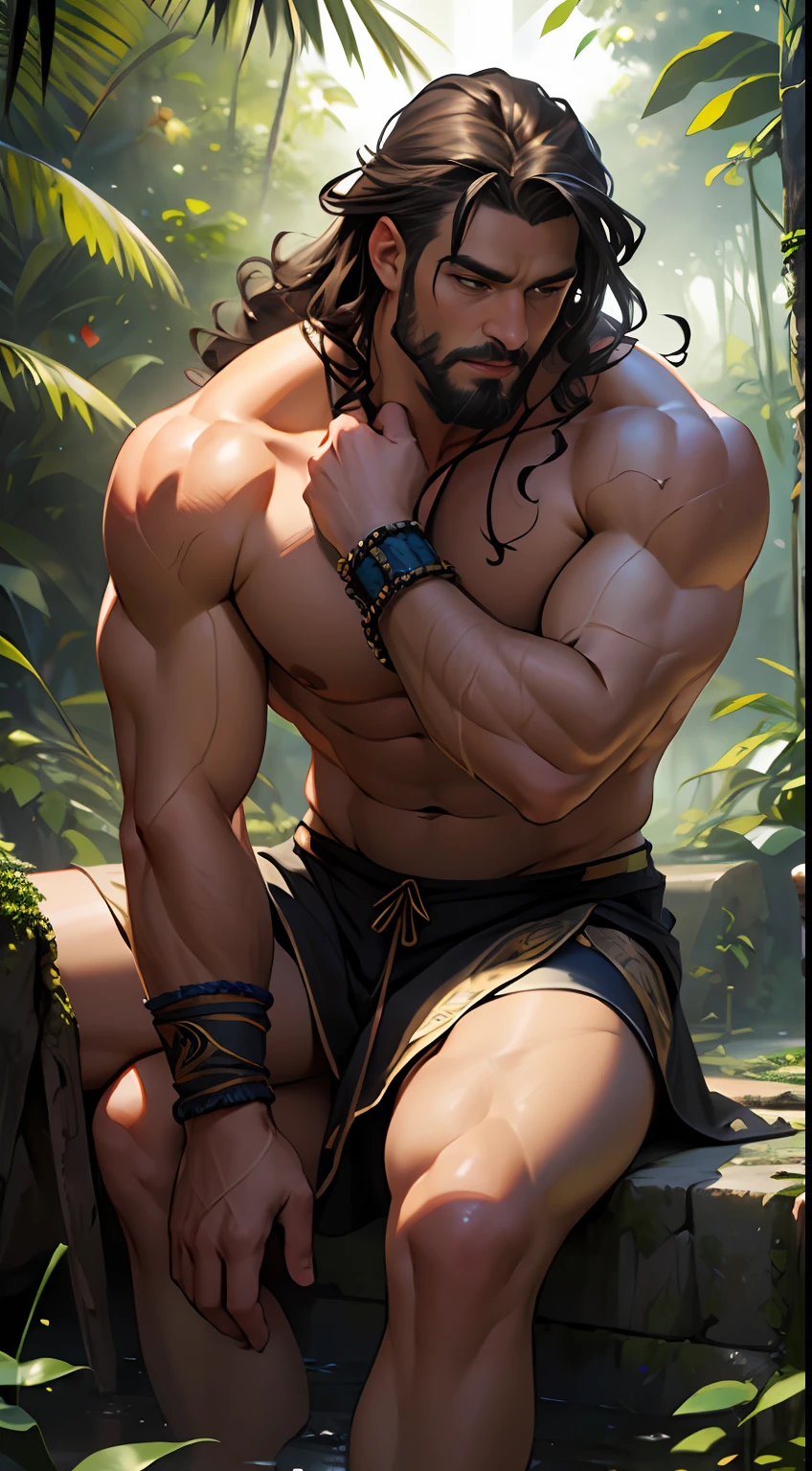 Muscular barbarian, partially upper body, lower body uncovered from thighs to feet, bearded with beads, long flowing curls, intricate muscular details, photorealistic artwork, 4K quality. Background: Dense jungle with ancient ruins,32k uhd, best quality, masterpiece, super detail, high details