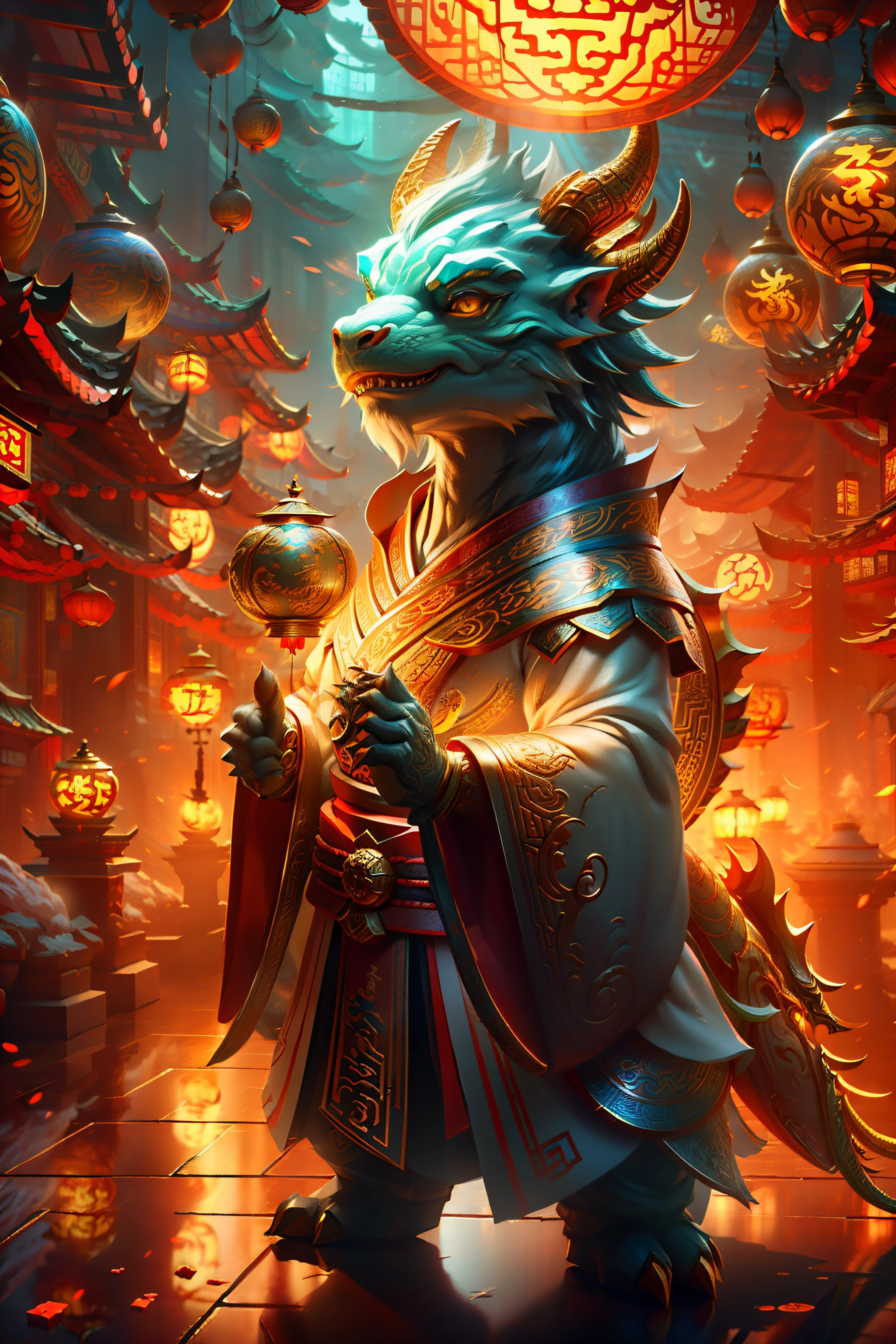 Chinese mythology - zodiac dragon with yellow mane and golden dragon horns,Wear Chinese New Year clothing，Anthropomorphic standing posture，Cute detailed digital art, lovely digital painting, Cute 3d rendering, adorable digital art, Stylized 3D rendering, hyper-detailed fantasy character, 8K high quality detailed art, cute detailed artwork, stylized as a 3d render, stylized 3d render, cute little dragon, Detailed fanart, fantastical creature