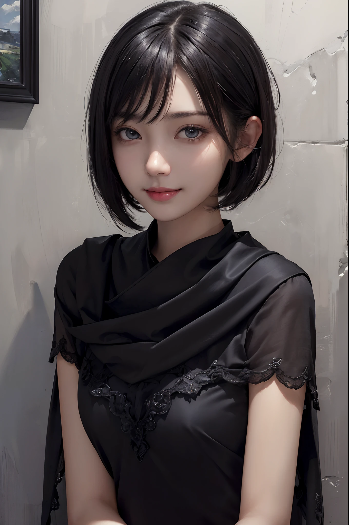 (A hyper-realistic)、(illustratio)、(hight resolution)、(8K)、(ighly detailed)、(Best Illustration)、(beautifully detailed eyes)、(top-quality)、(ultra-detailliert)、(masterpiece)、(wall-paper)、(A detailed face)、独奏、1 girl in、looking at viewert、fine detailed、A detailed face、in the darkness nigth、deep-shadows、lowkey、pureerosfaceace_v1、a smile、((short-hair))、Black shawl straight hair、46-point diagonal bangs、picture frame