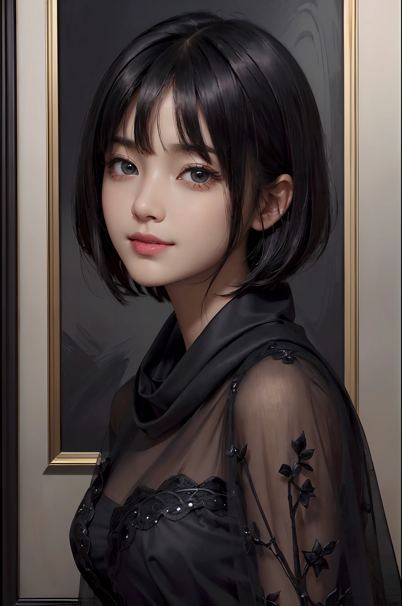 (A hyper-realistic)、(illustratio)、(hight resolution)、(8K)、(ighly detailed)、(Best Illustration)、(beautifully detailed eyes)、(top-quality)、(ultra-detailliert)、(masterpiece)、(wall-paper)、(A detailed face)、独奏、1 girl in、looking at viewert、fine detailed、A detailed face、in the darkness nigth、deep-shadows、lowkey、pureerosfaceace_v1、a smile、((short-hair))、Black shawl straight hair、46-point diagonal bangs、picture frame