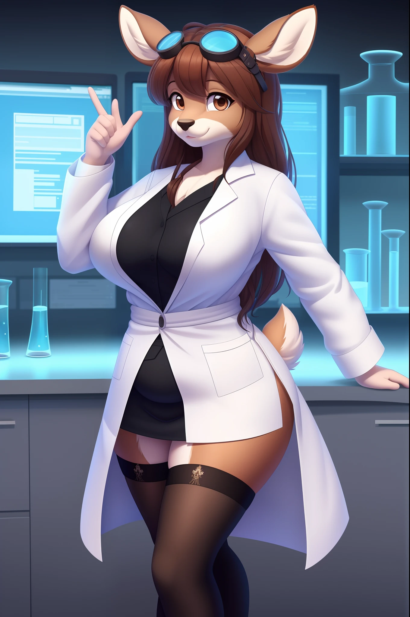 scan, (extremely detailed CG unity 8k wallpaper:1.1), highres, ambient light, (1girl), Dr Doe, brown eyes,doe ears, deer tail, (small tail:1.2), (brown hair, long hair), large breasts, Chubby, standing, looking at viewer, concentrating expression, best quality, masterpiece, solo, 1girl, long Lab coat, blue office skirt, black shirt, Science goggles, black thigh highs, black garter belt, standing, full body, solo, (body fur:1.2), (best quality), (lab background:1.2), medium breasts, diffuse lighting, (detailed fluffy fur:1.1), smile, hand gesture, cloven hooves, small tail,