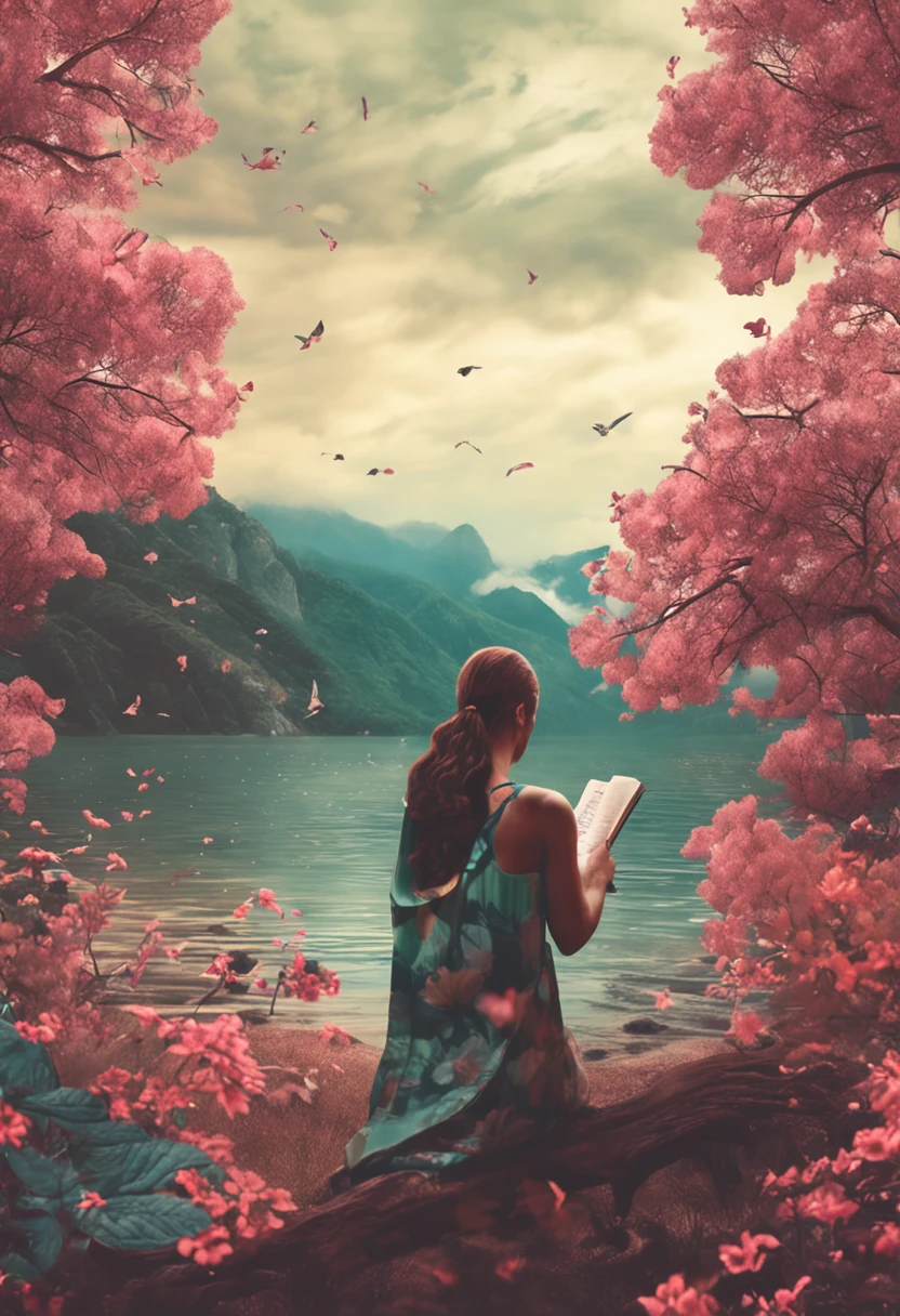 The person in the image could be holding a journal in their hands, simbolizando a busca por significado e a vontade de registrar pensamentos profundos. A paisagem ao redor dela poderia incluir elementos naturais, like trees, flowers or calm water, highlighting the connection with nature and the importance of going within