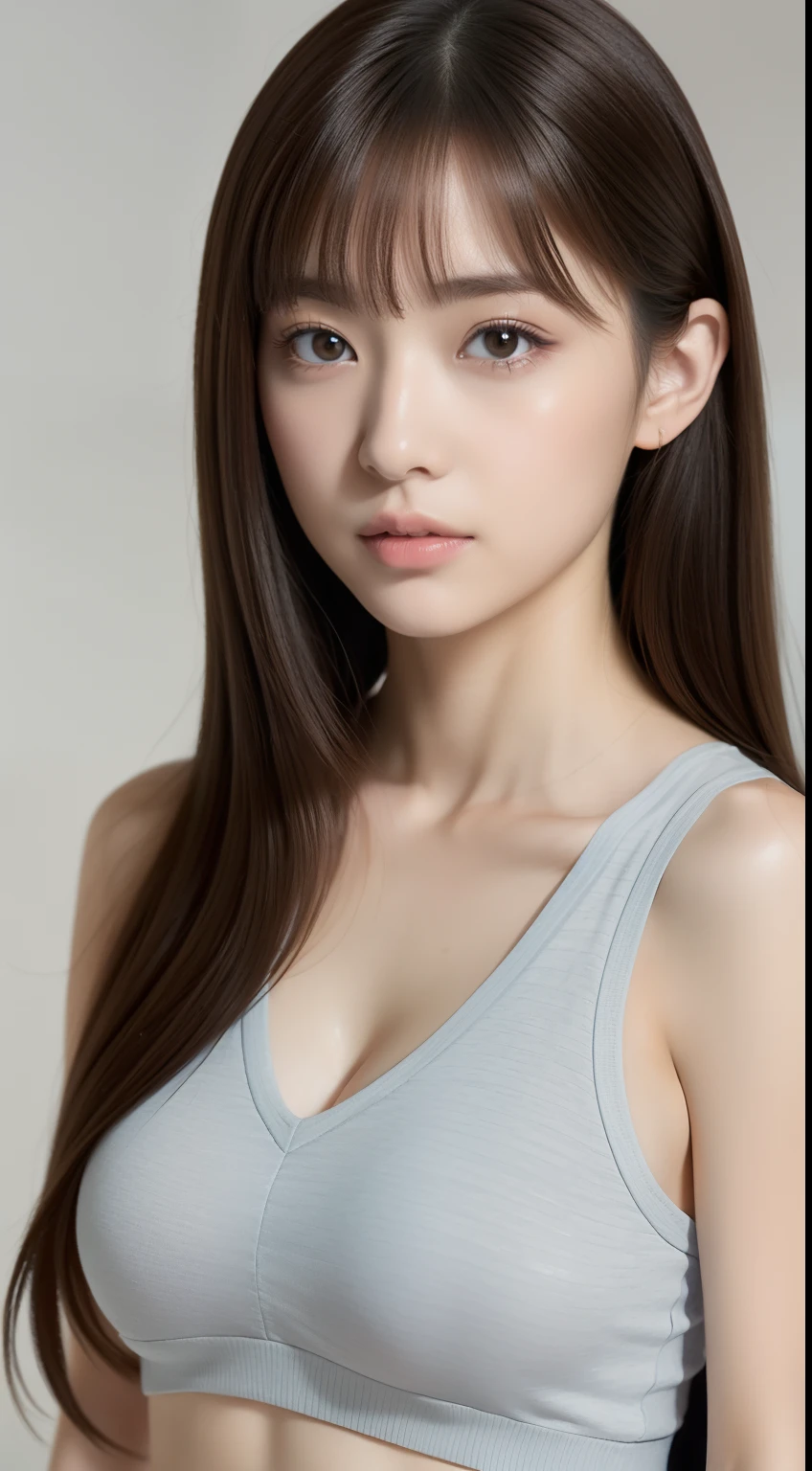 tmasterpiece、top-quality、(reallistic、Photorealsitic:1.4)、(RAW photos:1.2)、Highly elaborate CG Unity 8K wallpapers、Extremely Delicately Beautiful、magnifica、Attention to detail、offcial art、absurderes、Incredibly Ridiculous res、hugefilesize、Extremely fine、very refined、Beautiful eyes and face、Beautiful exquisite eyes、Light on the face、1 girl in、a navel、The upper part of the body、Gray sleeveless shirt、Bare wrists、By bangs、ulzang-6500-v1.1