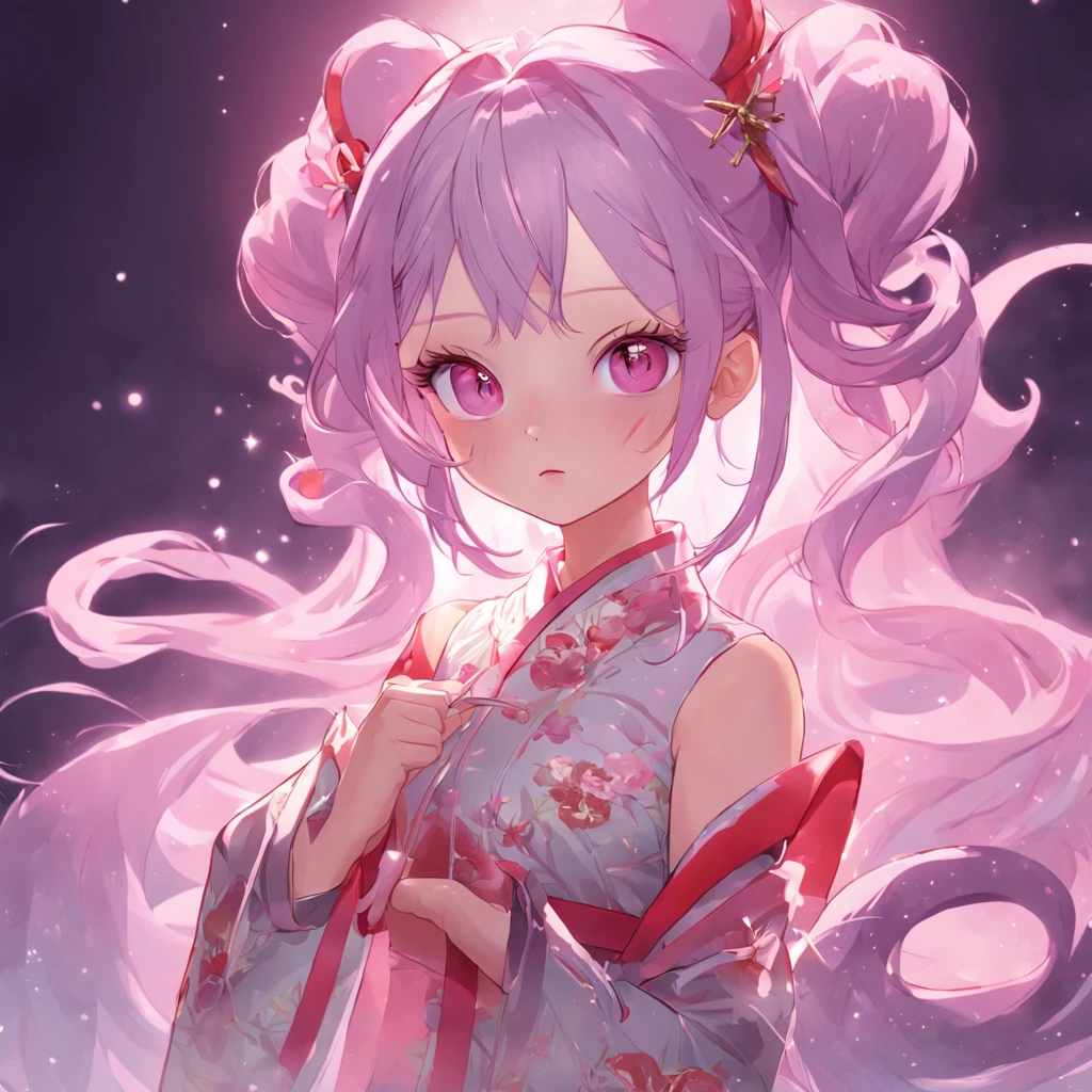 There's one ultra-realistic girl。She has a slender physique、Height is 155 cm。Her hair has a pale pink color and、The hairstyle has twin tails。Hair is smooth、Blowing in the wind。A spiral horn grows from her head.、Luxurious ornaments complement the corners around it。Her eyes are a beautiful purple.、Staring at this。Her nose wasn't that high.、It has shiny pink lips。With a smile on your face、I can see my teeth.。A red ribbon flutters from her neck in the wind.。She is wearing a cheongsam based on white.、The pattern has a green color。pure、Shoulders are loose。For the lower half of the body, I wear long pants that are easy to move in pink.。A red band is visible from the waist。She is holding her fist.、There are 5 fingers on both sides.。The background is in the wilderness forest、High mountains々and the lake is visible in the distance。It's from the camera's point of view.、Smiling embarrassedly。