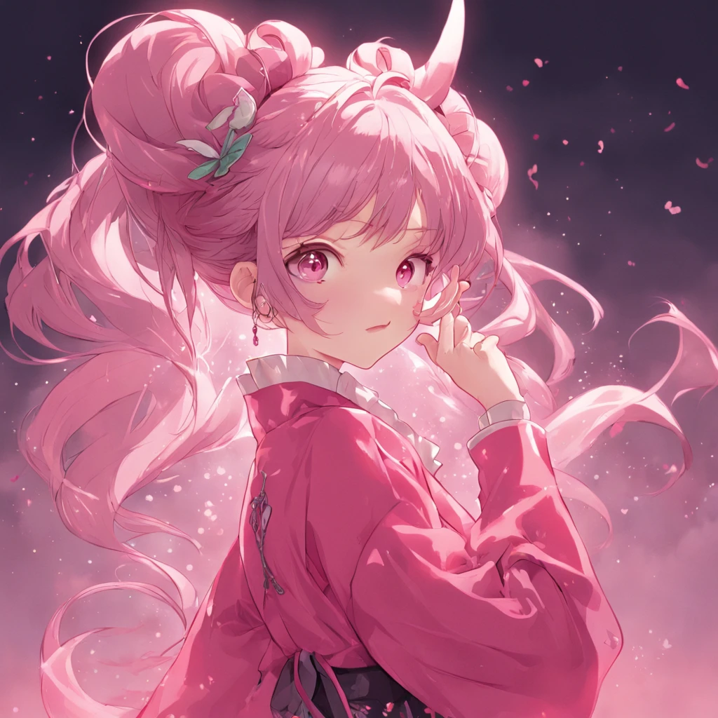 There's one ultra-realistic girl。She has a slender physique、Height is 155 cm。Her hair has a pale pink color and、The hairstyle has twin tails。Hair is smooth、Blowing in the wind。A spiral horn grows from her head.、Luxurious ornaments complement the corners around it。Her eyes are a beautiful purple.、Staring at this。Her nose wasn't that high.、It has shiny pink lips。With a smile on your face、I can see my teeth.。A red ribbon flutters from her neck in the wind.。She is wearing a cheongsam based on white.、The pattern has a green color。pure、Shoulders are loose。For the lower half of the body, I wear long pants that are easy to move in pink.。A red band is visible from the waist。She is holding her fist.、There are 5 fingers on both sides.。The background is in the wilderness forest、High mountains々and the lake is visible in the distance。It's from the camera's point of view.、Smiling embarrassedly。