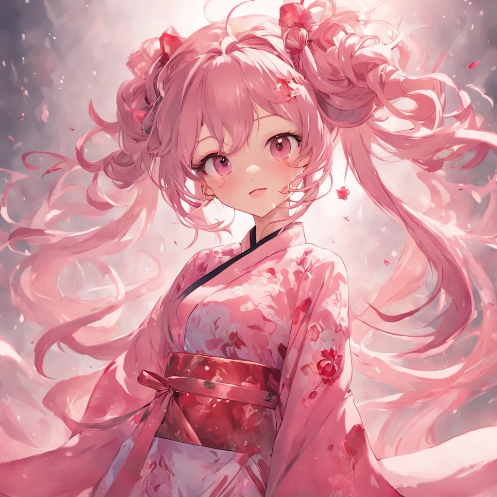 There's one ultra-realistic girl。She has a slender physique、Height is 155 cm。Her hair has a pale pink color and、The hairstyle has twin tails。Hair is smooth、Blowing in the wind。A spiral horn grows from her head.、Luxurious ornaments complement the corners around it。Her eyes are a beautiful purple.、Staring at this。Her nose wasn't that high.、It has shiny pink lips。With a smile on your face、I can see my teeth.。A red ribbon flutters from her neck in the wind.。She is wearing a cheongsam based on white.、The pattern has a green color。pure、Shoulders are loose。For the lower half of the body, I wear long pants that are easy to move in pink.。A red band is visible from the waist。She is holding her fist.、There are 5 fingers on both sides.。The background is in the wilderness forest、High mountains々and the lake is visible in the distance。It's from the camera's point of view.、Smiling embarrassedly。