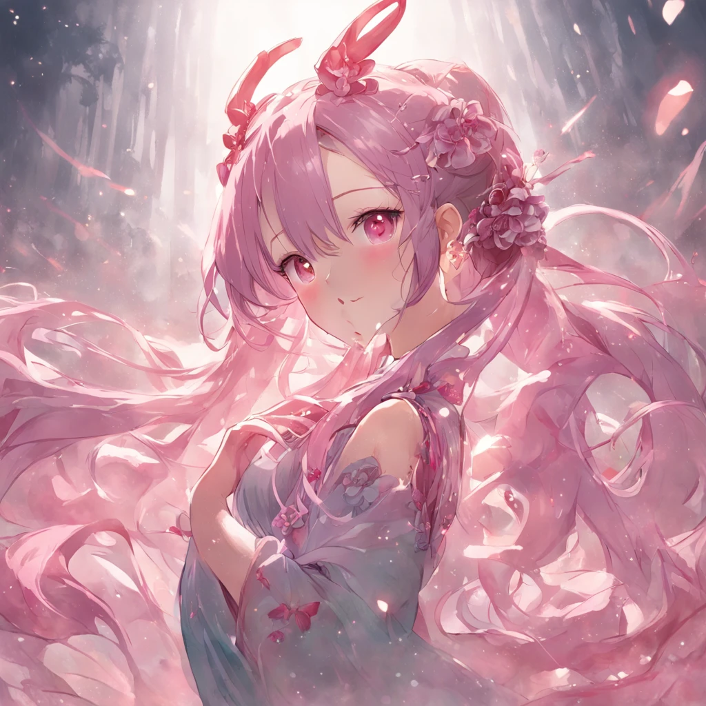 There's one ultra-realistic girl。She has a slender physique、Height is 155 cm。Her hair has a pale pink color and、The hairstyle has twin tails。Hair is smooth、Blowing in the wind。A spiral horn grows from her head.、Luxurious ornaments complement the corners around it。Her eyes are a beautiful purple.、Staring at this。Her nose wasn't that high.、It has shiny pink lips。With a smile on your face、I can see my teeth.。A red ribbon flutters from her neck in the wind.。She is wearing a cheongsam based on white.、The pattern has a green color。pure、Shoulders are loose。For the lower half of the body, I wear long pants that are easy to move in pink.。A red band is visible from the waist。She is holding her fist.、There are 5 fingers on both sides.。The background is in the wilderness forest、High mountains々and the lake is visible in the distance。It's from the camera's point of view.、Smiling embarrassedly。