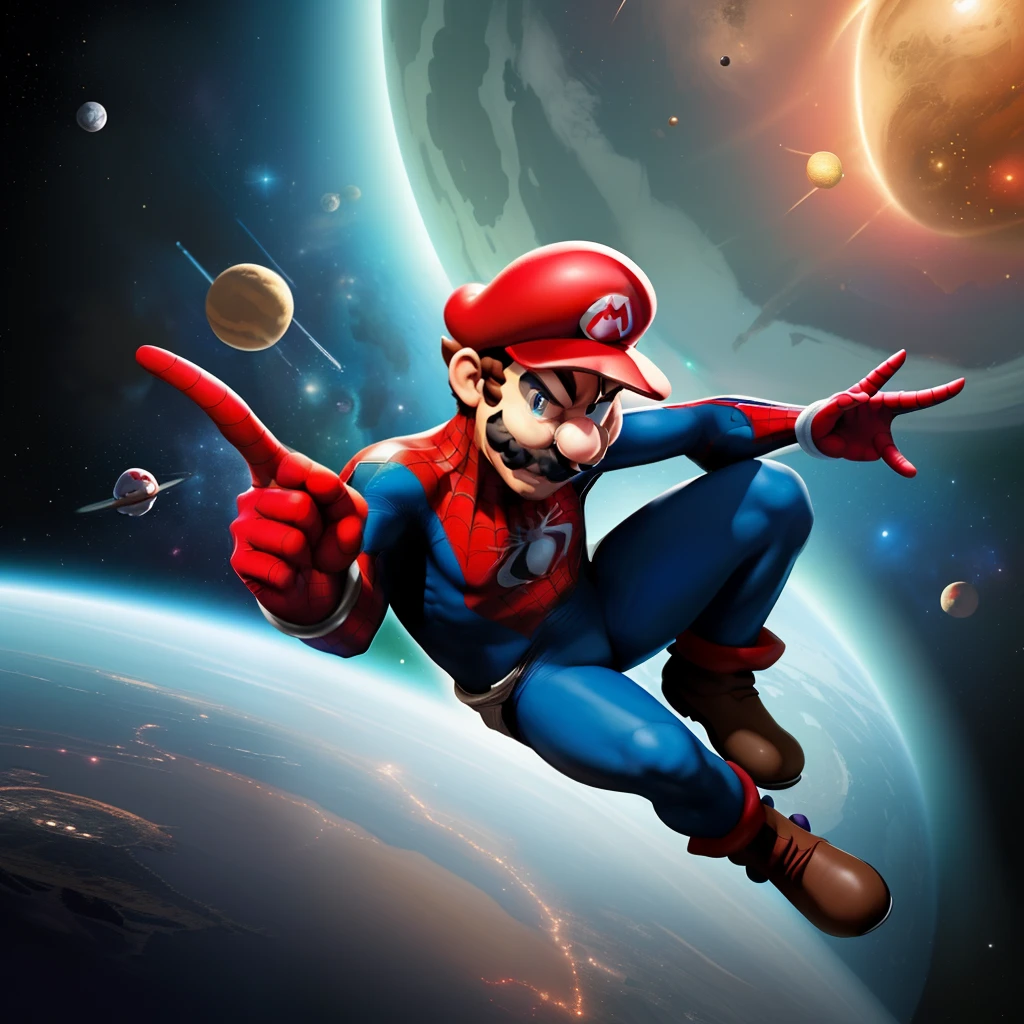 Gere uma imagem do Mario bros e Spider-Man, outer space, fundo deslumbrante, where the salvation of mankind is everything