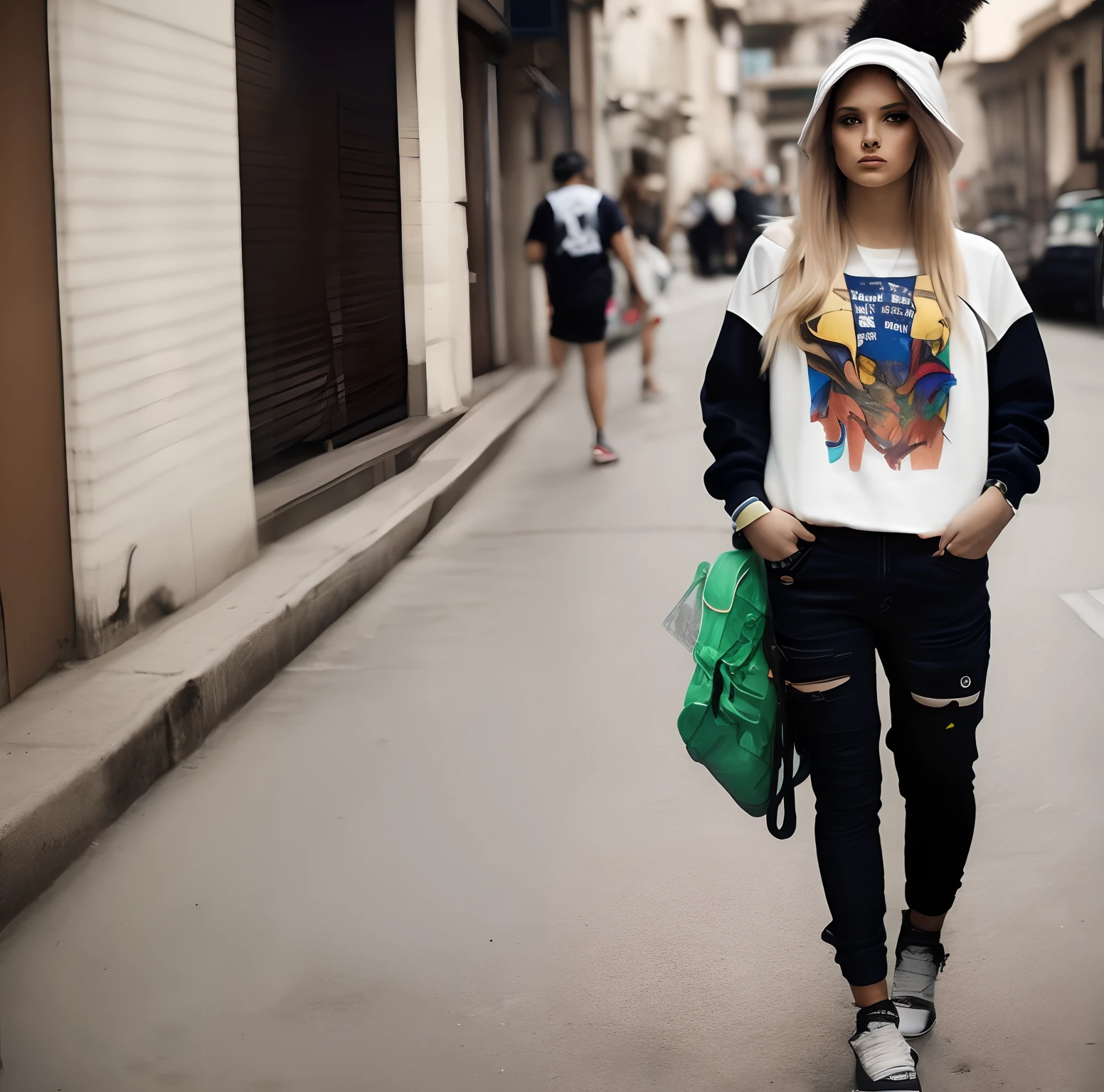 Mulher estilosa, brasileira, segmento StreetWear, com roupas pretas