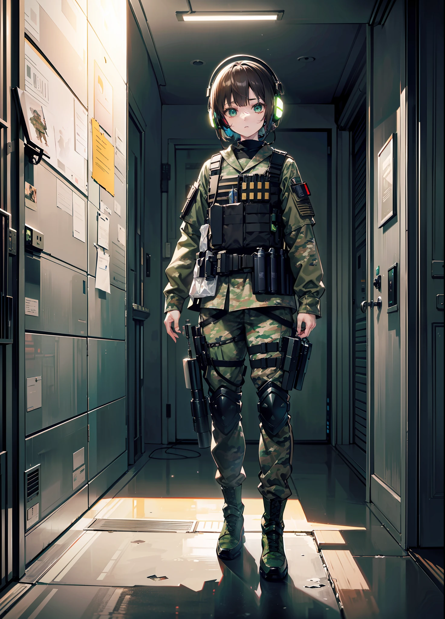 (tmasterpiece,best qualtiy,style of anime,a sense of atmosphere，higher details，cg render，Standing painting，Ray traching，)(brunette color hair，short detailed hair，Green camouflage body armor，Cover the whole body，Wear tactical headsets，Non-juveniles)（In the background is a military airfield)