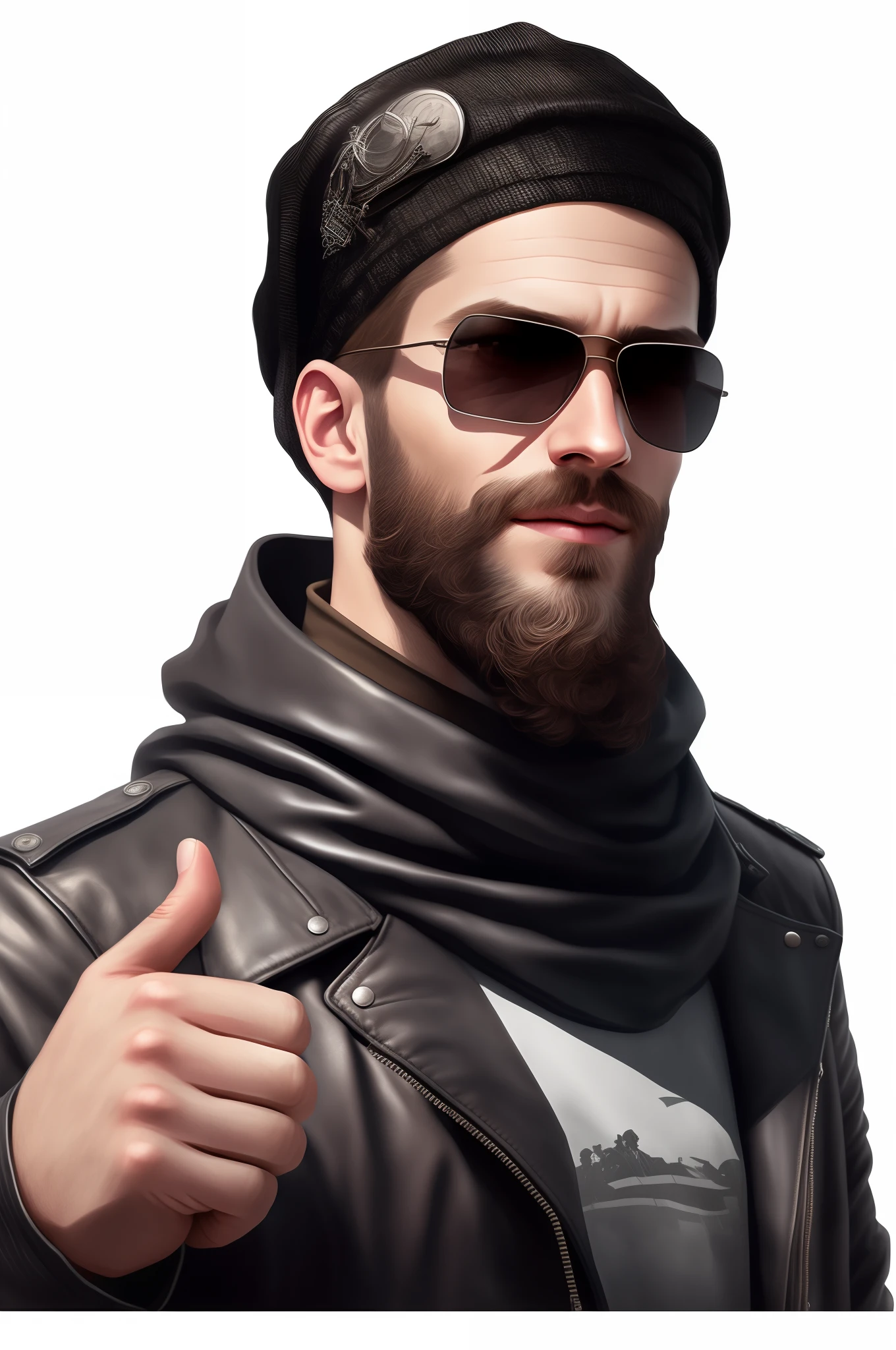 There was a man with a short beard and a leather jacket who gave a thumbs up, , style of surrealism,  detailed character portrait, high quality portrait, hyper detail portrait, , highly detailed character, ultra high detail ultra realism, Epic portrait illustration, realistic shaded