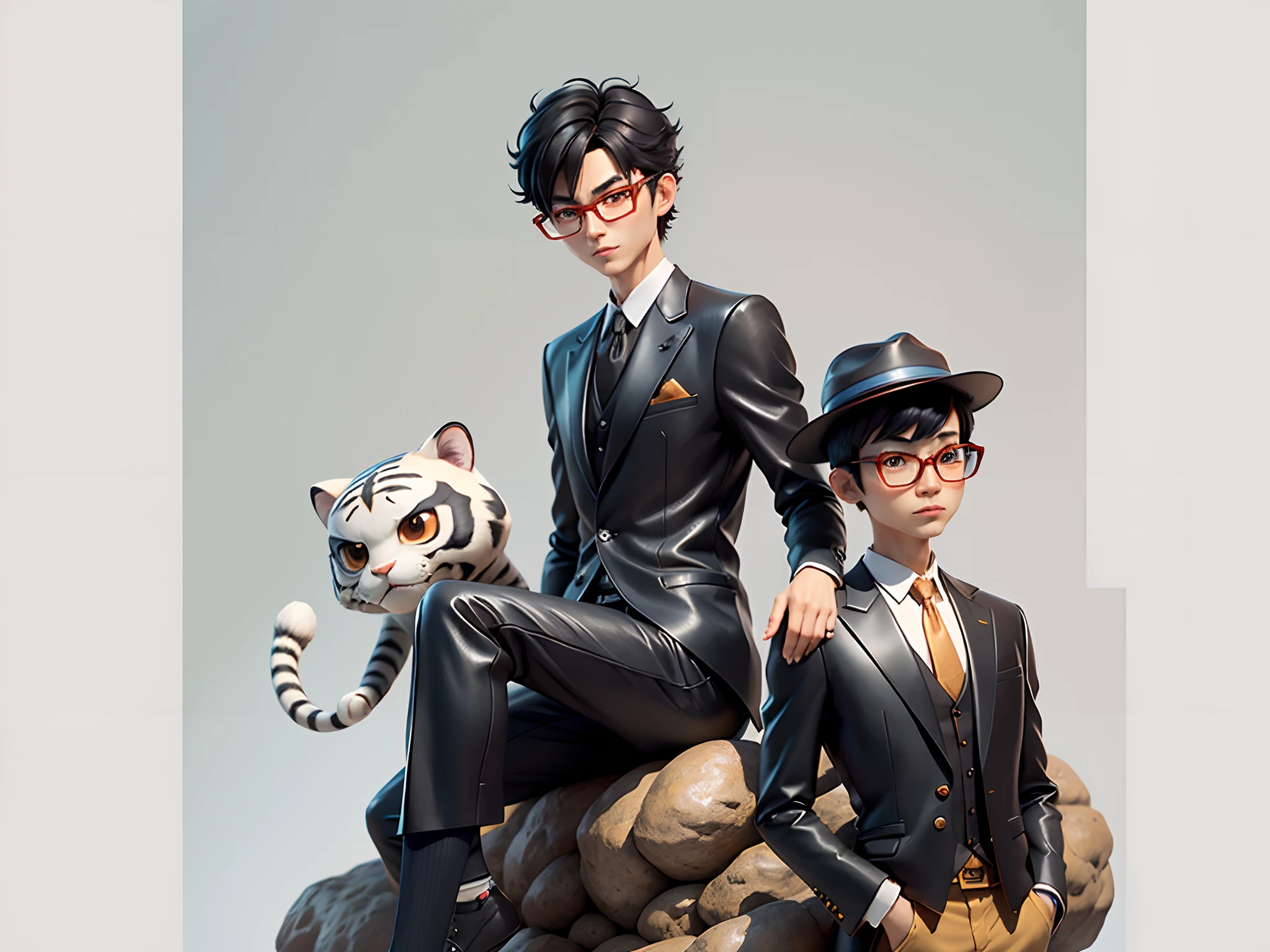 Young man with oriental face in leather hat, tiger, oriental face in formal suit, short black hair, silver glasses, digital painting, 3D character design by Mark Clairedon and Pixar and Hayao Miyazaki and Akira Toriyama, the illustration is a high-definition illustration in 4K resolution with very detailed facial features and cartoon-style visuals.