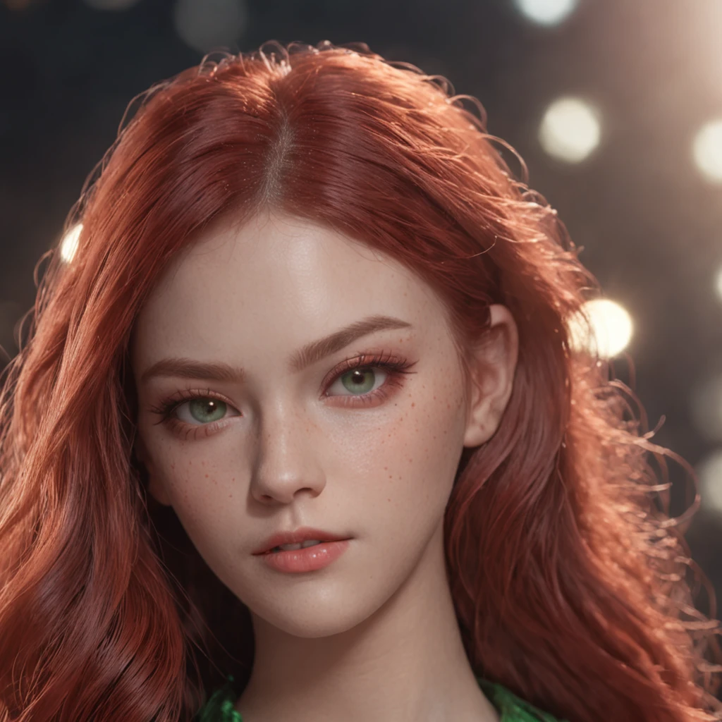 (masterpiece), (best quality: 1.0), (ultra high resolution: 1.0), detailed illustration, 8k, 1girl, girl dressed in batman t-shirt, detailed face, perfect face, detailed eyes, green eyes, eye sparkle, detailed hair, long red hair, hair highlights, very detailed, 8k, soft light, freckles, chubby, outlined, eyeshadow, choker, red lips