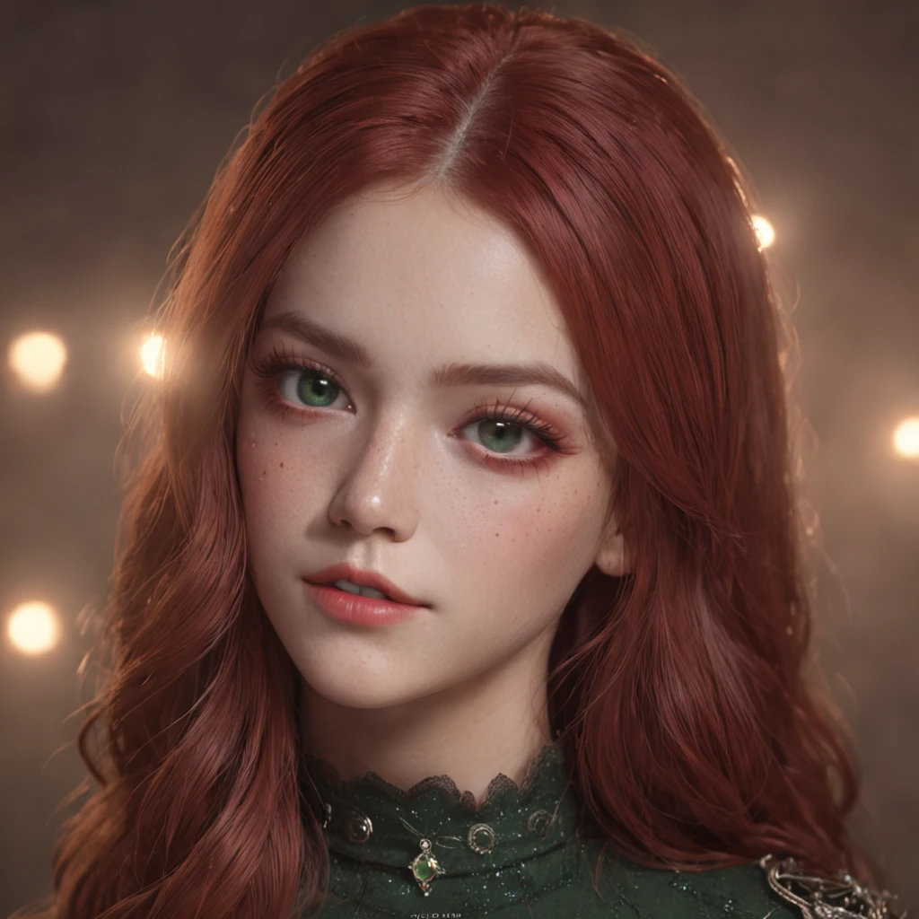 (masterpiece), (best quality: 1.0), (ultra high resolution: 1.0), detailed illustration, 8k, 1girl, girl dressed in batman t-shirt, detailed face, perfect face, detailed eyes, green eyes, eye sparkle, detailed hair, long red hair, hair highlights, very detailed, 8k, soft light, freckles, chubby, outlined, eyeshadow, choker, red lips