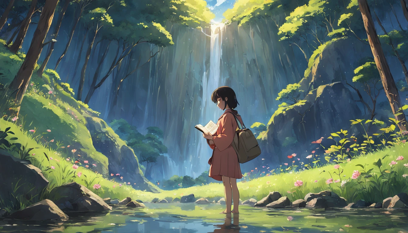 The person in the image could be holding a journal in their hands, simbolizando a busca por significado e a vontade de registrar pensamentos profundos. A paisagem ao redor dela poderia incluir elementos naturais, like trees, flowers or calm water, highlighting the connection with nature and the importance of going within