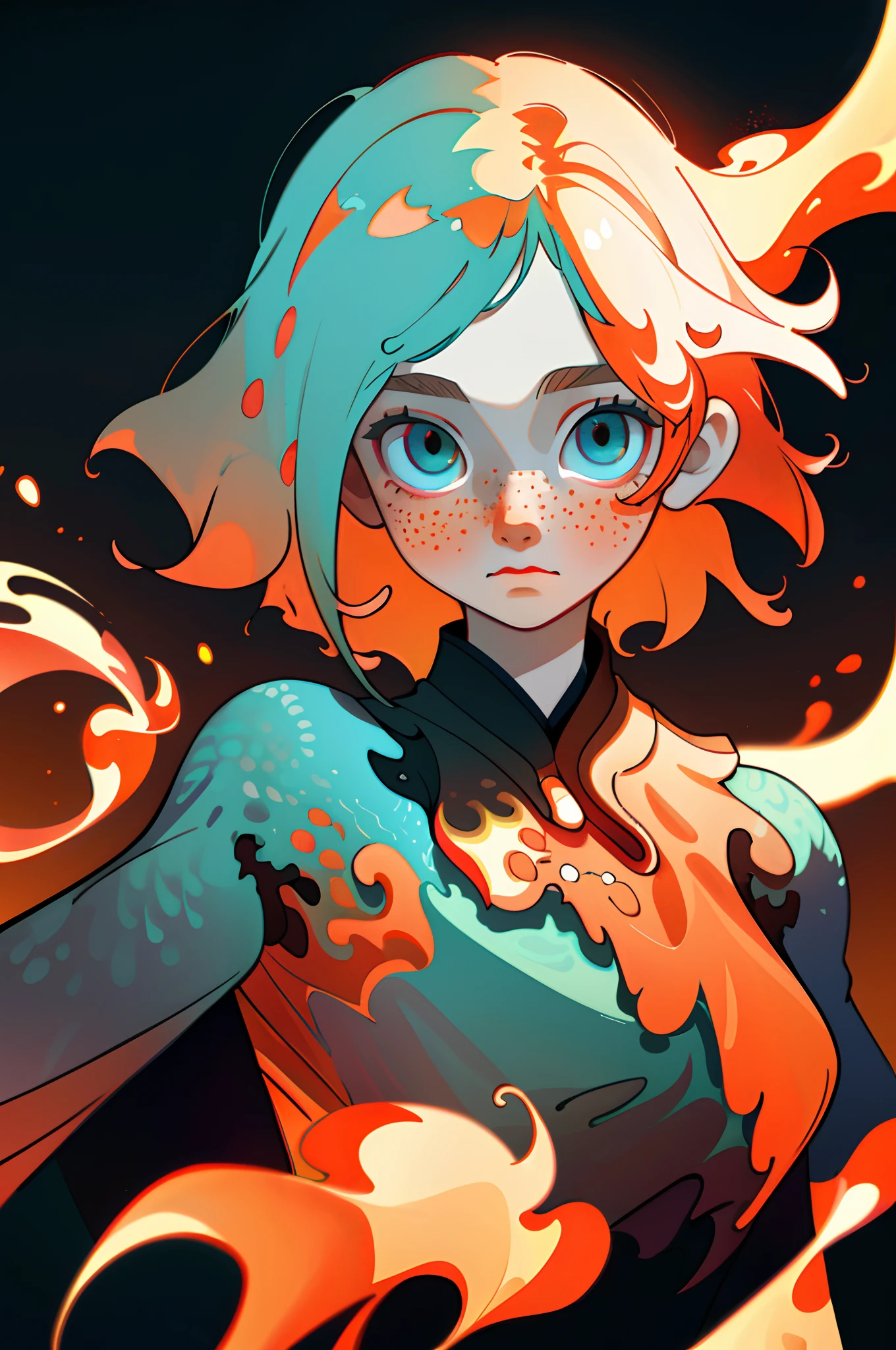 (best quality, masterpiece), 1girl, flame hair, (fractal art:1.2), freckles, upper body, spotlight, looking at viewer, color gradient,