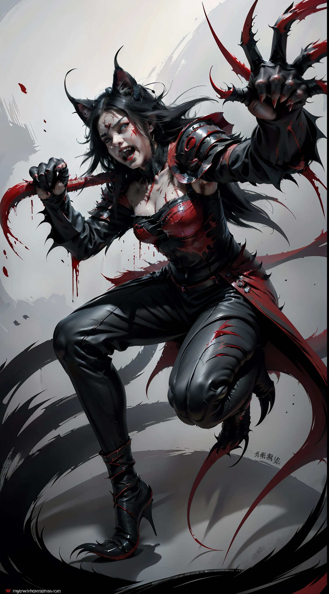 Fierce black cat,red - eyed,White fangs,Sharp claws,Teeth and claws,Covered in bloody armor,Blood dripping from the corners of the mouth,Full body like,Prepare for a raid。