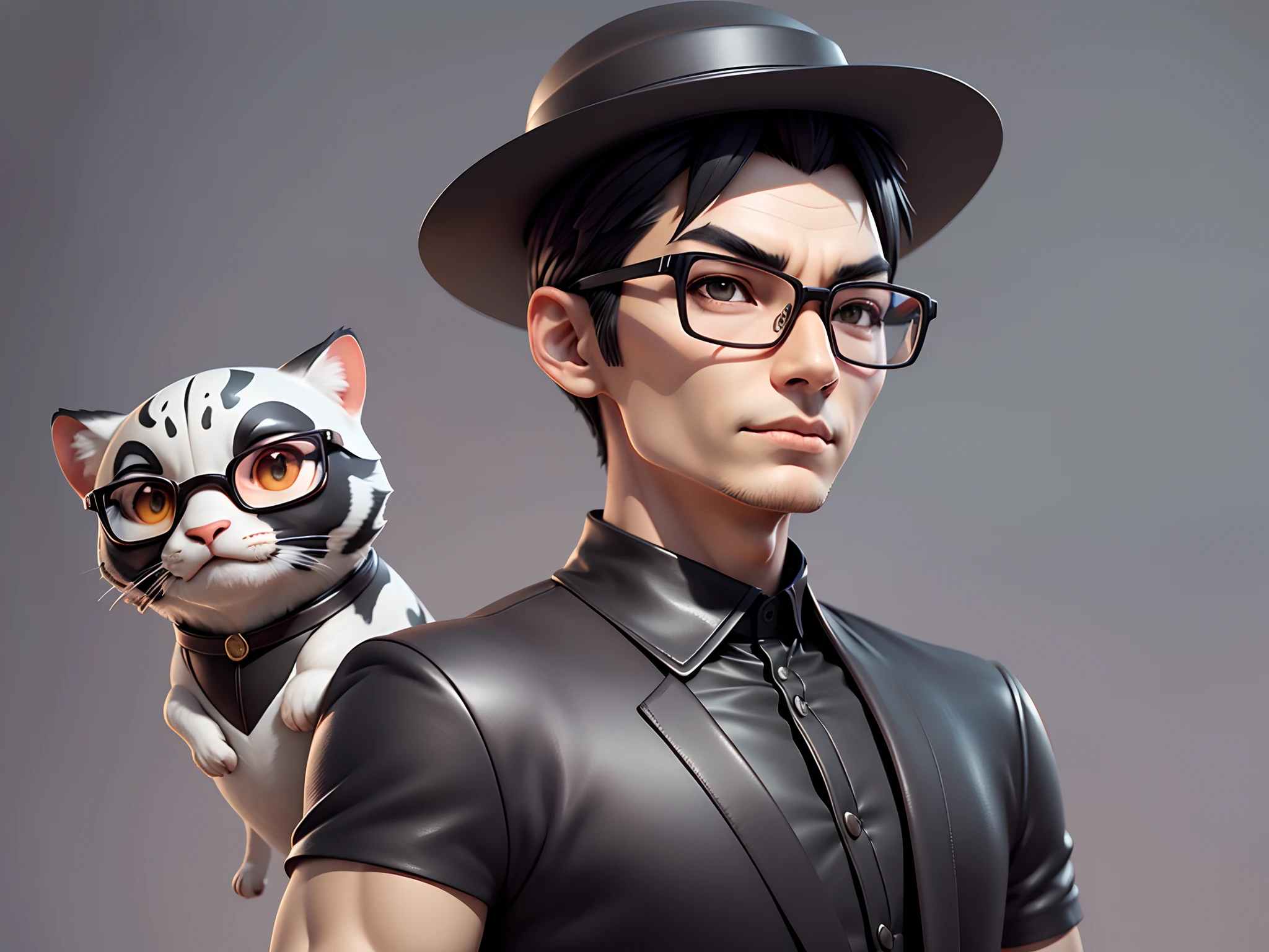 Young man with oriental face in leather hat, tiger, oriental face in formal suit, short black hair, silver glasses, digital painting, 3D character design by Mark Clairedon and Pixar and Hayao Miyazaki and Akira Toriyama, the illustration is a high-definition illustration in 4K resolution with very detailed facial features and cartoon-style visuals.
