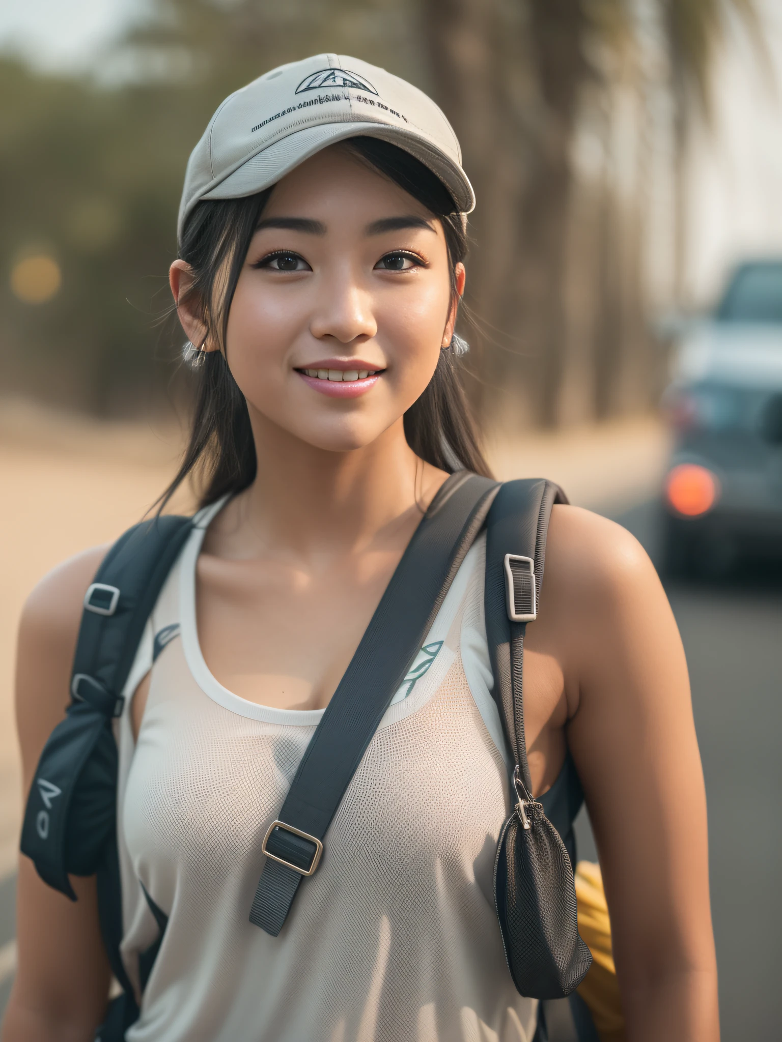 Female 1、Wild cute beautiful girl、20yr old、(Sporty fashion)、(muscular body type)、(Muscular legs)、Walking on the road、(((Hitchhiking across America)))、Beautiful face, eyes and skin with exquisite detail、fine black hair、(Sweaty glowing skin)、(cleavage of the breast)、Ponytail Baseball Cap、(Smile at the camera)、(skin tanned)、profetional lighting、BREAK、(realisitic、Photorealsitic:1.37)、8K、(((Take a break in a desert oasis)))、(((Hitchhiking in one backpack)))、(masterpiece)、(top-quality:1.4)、 (超A high resolution:1.2)、(Raw photography:1.2)、perfect anatomia、4 fingers and 1 thumb、Ultra detailed backgrounds、(Wallpapers by Unity 8K)