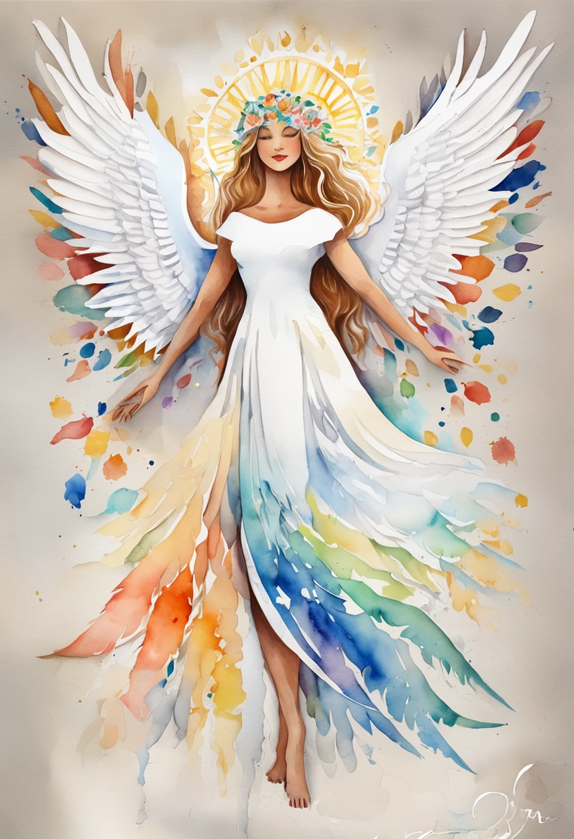 (FULL BODYSHOT:1.4), White background, (1 Angel Girl,Glowing wings, Halo, Exquisite headdress, Smile), (paper art, Quilted Paper Art, Geometry), highly colorful