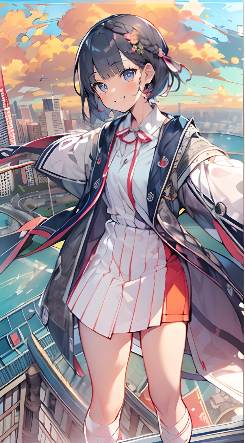 masutepiece, Best Quality,Illustration, Wallpaper, Ultra Detail, Absurd beauty, 1beautiful girl、(Medium short hair、short braided hair), Beautiful ultra-detailed eyes 、student clothes、A refreshing smile、Smaller head、(a panoramic view:1.5)