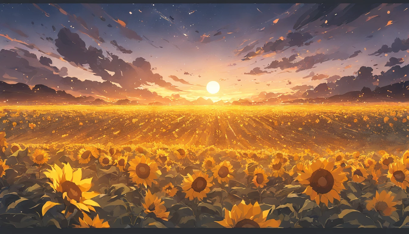 ((Midsummer Dusk)),sunflowers fields、twlight,Green Flash,landscapes,(Best Impact:1.5), (maximalism:1.7),Vivid contrast, (Realistic), hyperrealistic illustrations, hight resolution, ultra-detailliert, absurderes,(Fractal Art:1.3),Retro、Precise focus、cinema4d、Drama