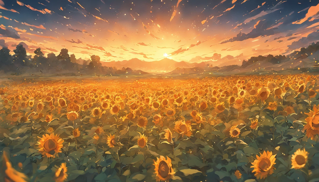 ((Midsummer Dusk)),sunflowers fields、twlight,Green Flash,landscapes,(Best Impact:1.5), (maximalism:1.7),Vivid contrast, (Realistic), hyperrealistic illustrations, hight resolution, ultra-detailliert, absurderes,(Fractal Art:1.3),Retro、Precise focus、cinema4d、Drama