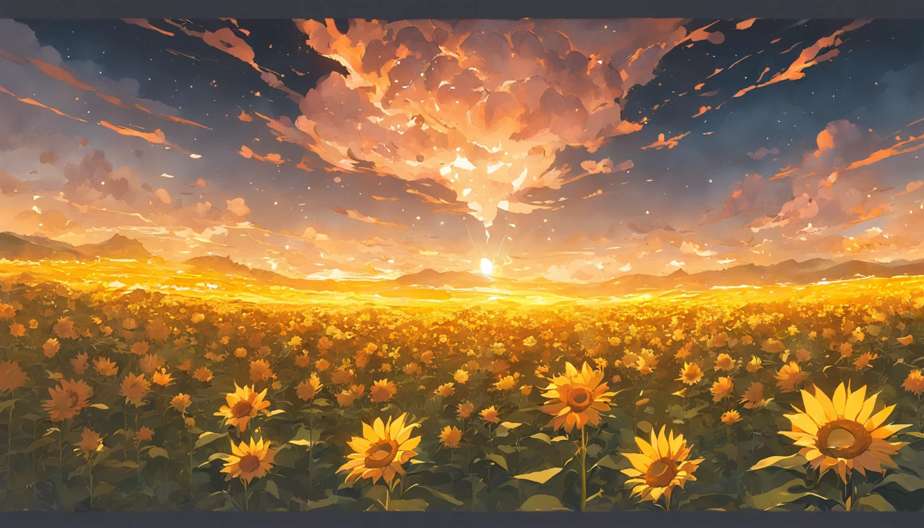 ((Midsummer Dusk)),sunflowers fields、twlight，Green Flash，landscapes，(Best Impact:1.5), (maximalism:1.7),Vivid contrast, (Realistic), hyperrealistic illustrations, hight resolution, ultra-detailliert, absurderes,(Fractal Art:1.3)，Retro、Precise focus、cinema4d、Drama