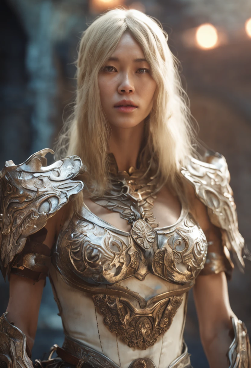 Beautiful slim young long hair with bangs blonde East Asian woman in tattered white fantasy armor with exposed chest, Castle interior, hyper HD, River fantasy, micro details, Soft light, Photorealistic, Proportional, 超详细信息