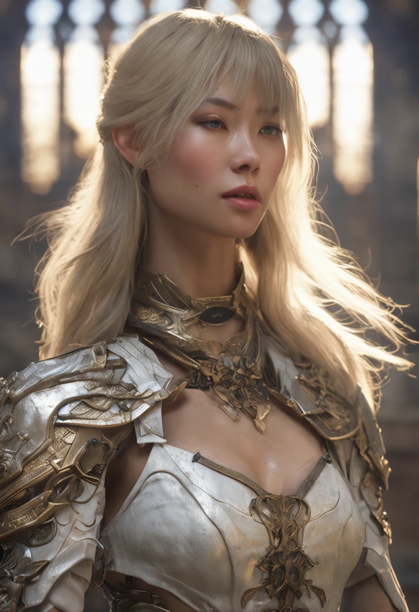 Beautiful slim young long hair with bangs blonde East Asian woman in tattered white fantasy armor with exposed chest, Castle interior, hyper HD, River fantasy, micro details, Soft light, Photorealistic, Proportional, 超详细信息
