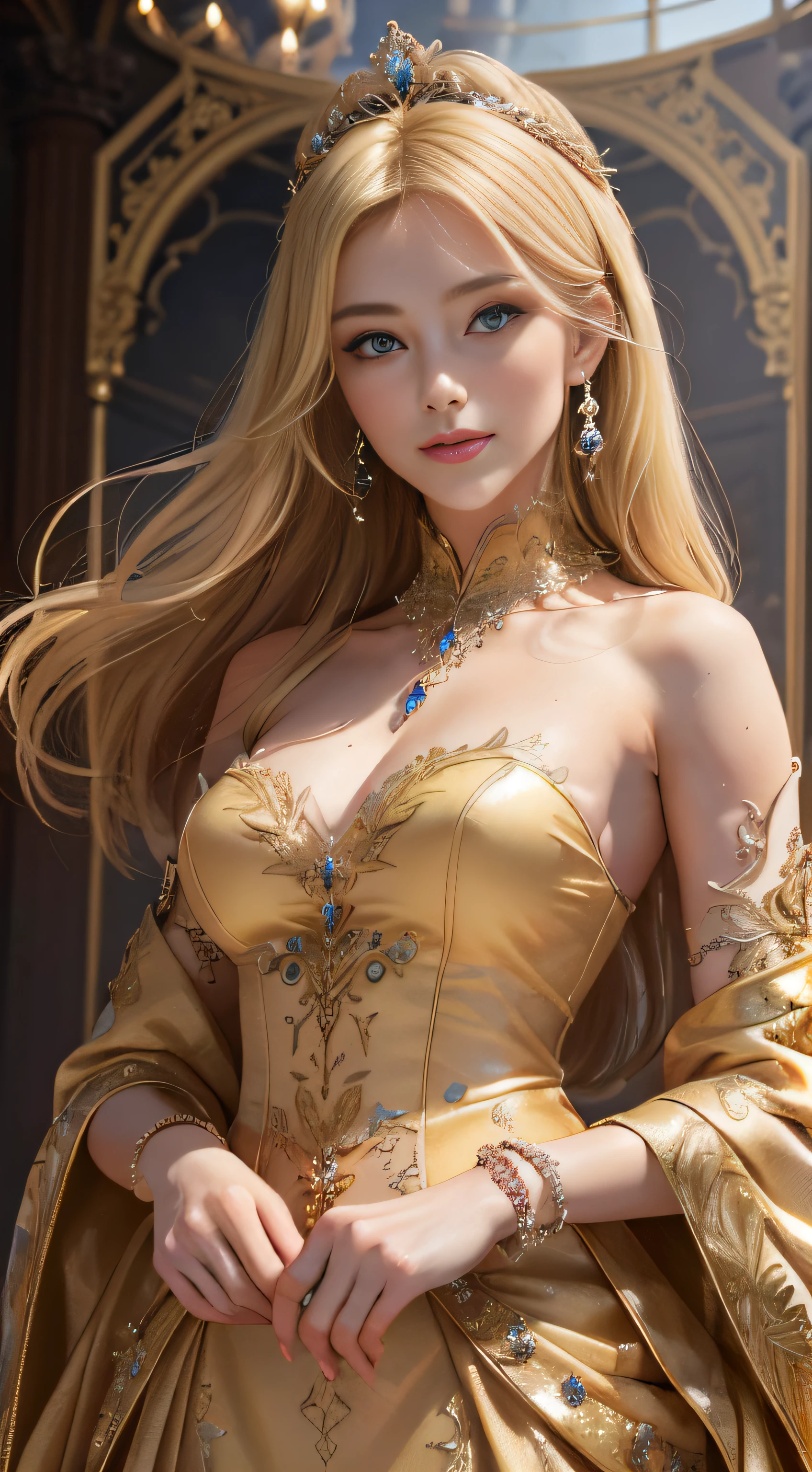best quality, highly detailed, ultra-detailed, illustration, masterpiece,extremely detailed eyes and face, incredibly_absurd resolution, (blonde hair) , 1girl, wearing a meticulously crafted and luxurious gown showcasing intricate details, exquisite tailoring, and opulent fabrics, slim waist, light smile, whole body, facing towards the viewers, dynamic pose