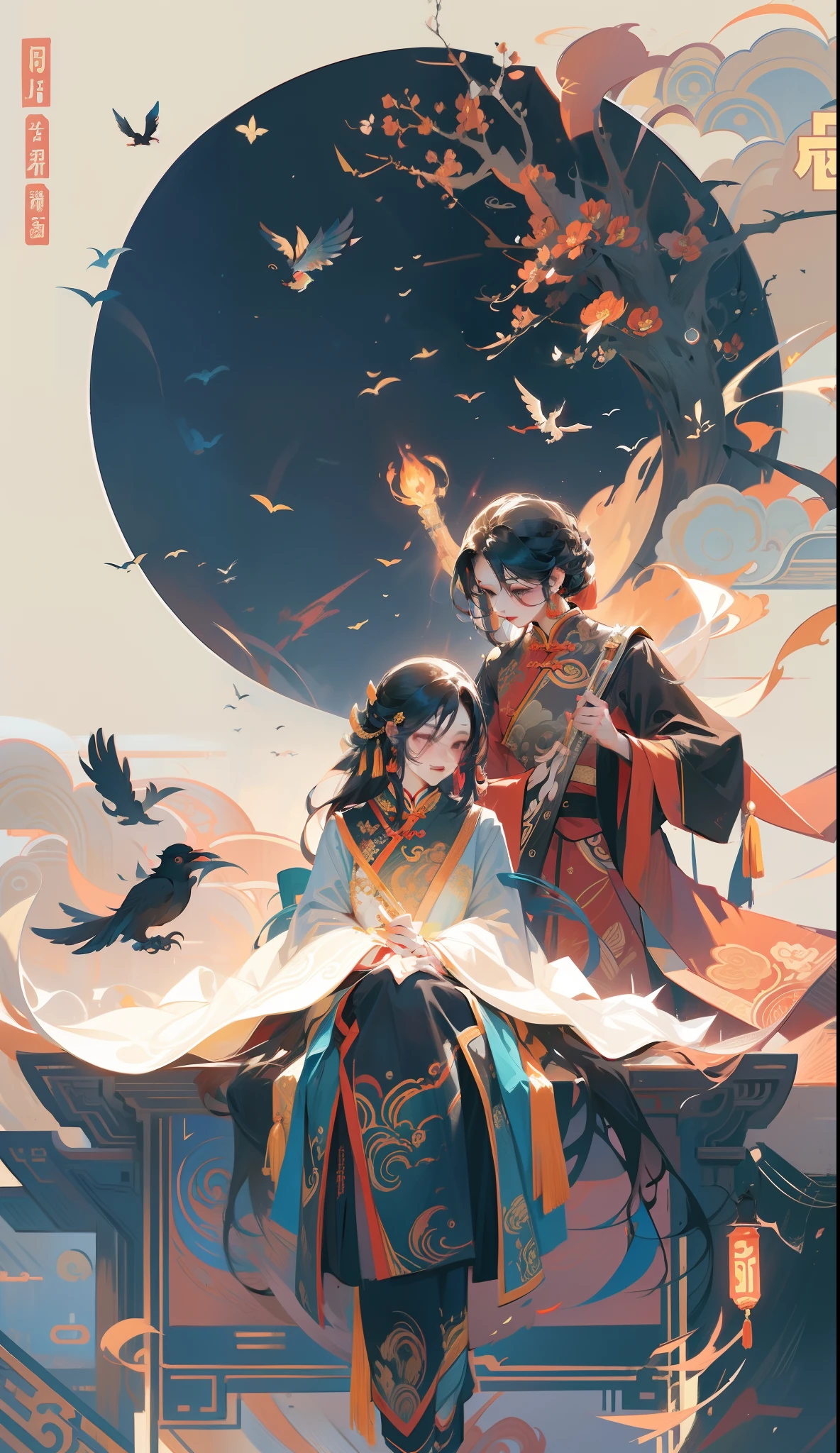 Illustration poster design,Graphic design,Beautiful Chinese city,Auspicious clouds,Chinese costume couple sitting on magpie,Exaggerated waves,magpie,Bridges,Abstract illustration,rim-light,dream magical,fanciful,fire works,Vector line illustration,hyper realisitc,