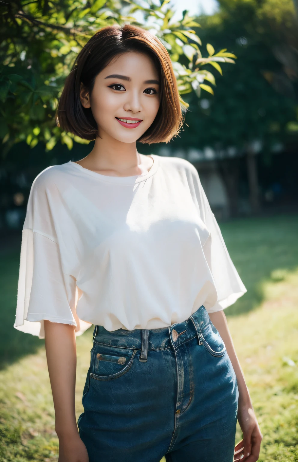 ((Best Quality, 8K, Masterpiece: 1.3)), a beauti, In addition, melon face, Friendly and cute, sweet smile,  Photorealistic, Solo, beautiful Japan woman, Oversized casual shirt, denim pants, Natural appearance, White skin, sweet smile, A coarse hairstyle is not set., (sensual expression), Gentle sunlight in the morning, Morning Park, (((seductive posing)), ((Uncontrollable libido))), Professional Photographer, shallow depth of field, lens flares,