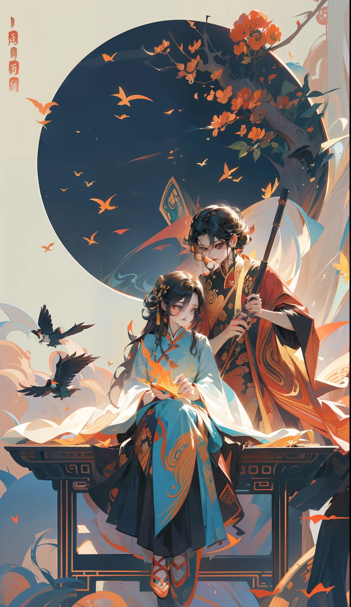Illustration poster design,Graphic design,Beautiful Chinese city,Auspicious clouds,Chinese costume couple sitting on magpie,Exaggerated waves,magpie,Bridges,Abstract illustration,rim-light,dream magical,fanciful,fire works,Vector line illustration,hyper realisitc,