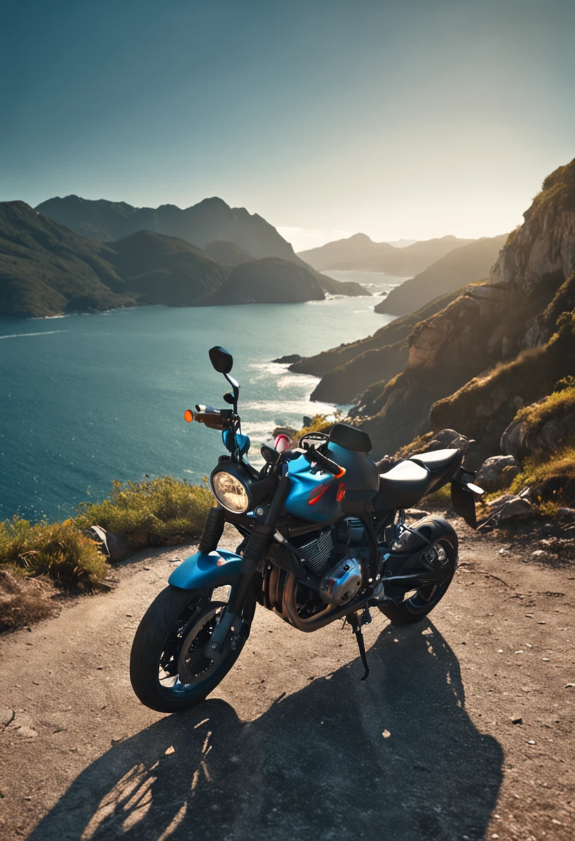 Motorcycle, mountain road, sea in background, touring, clear sky,