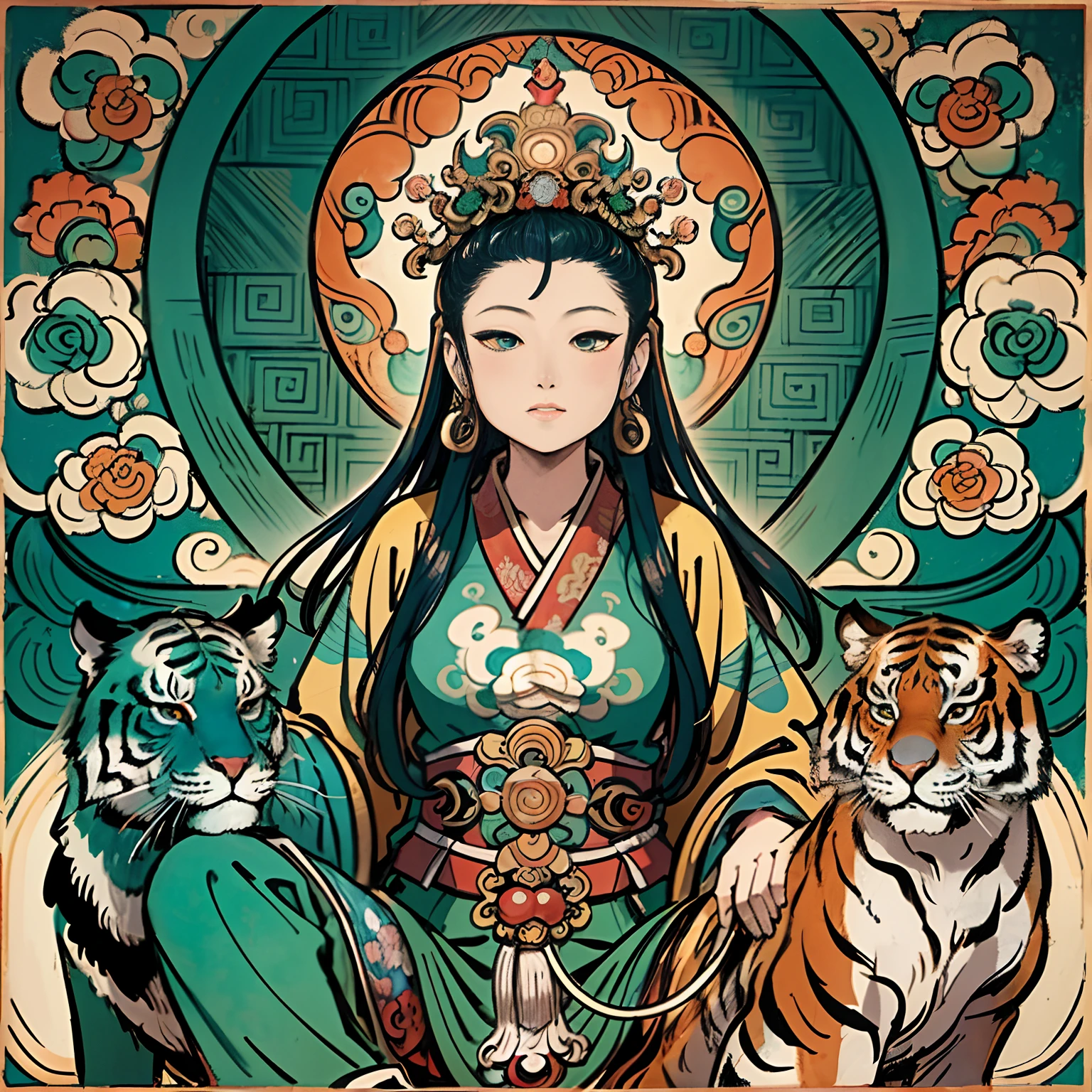an ancient Chinese goddess, guanyin of the southern seas, Guanyin, Inspired by India, Avalokiteshvara rides a tiger，,Serene expression,shui mo hua,Buddha,Buddhist,Lotus,Chinese painting style,Thangka style