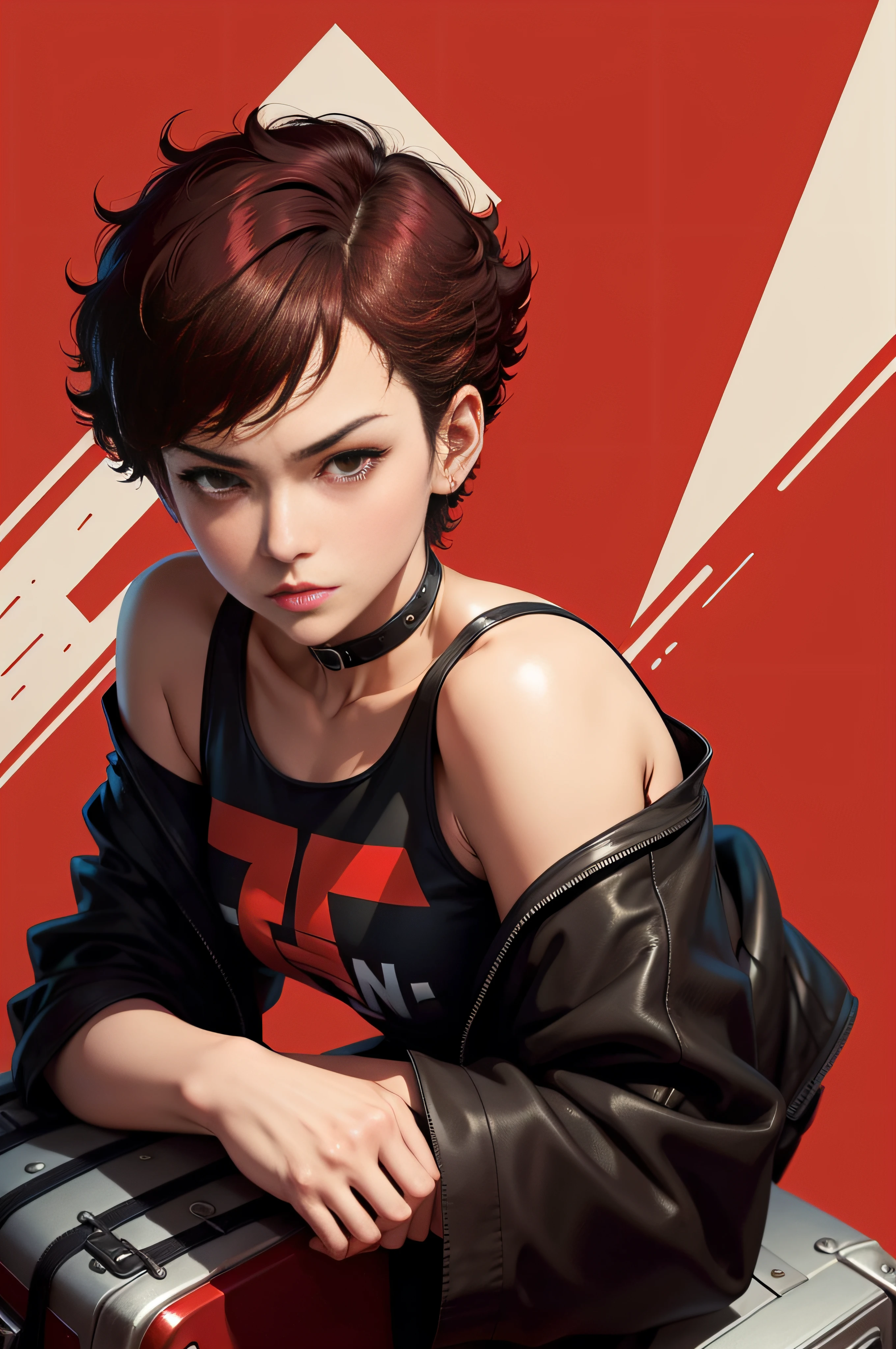 A woman with short hair sits on a suitcase on a red background, akira style illustration, in the style of akira, in style of digital illustration, in style of kar wai wong, akira art style, satoshi kon artstyle, akira artstyle, akira style, cowboy bebop art style, persona 5 style, style of satoshi kon, style of akira motion movie