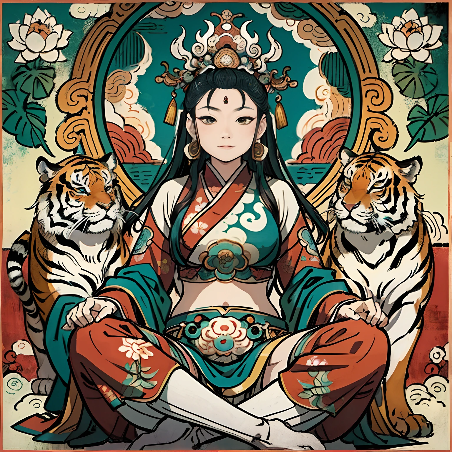 an ancient Chinese goddess, guanyin of the southern seas, Guanyin, Inspired by India, Avalokiteshvara rides a tiger，,Serene expression,shui mo hua,Buddha,Buddhist,Lotus,Chinese painting style,Thangka style