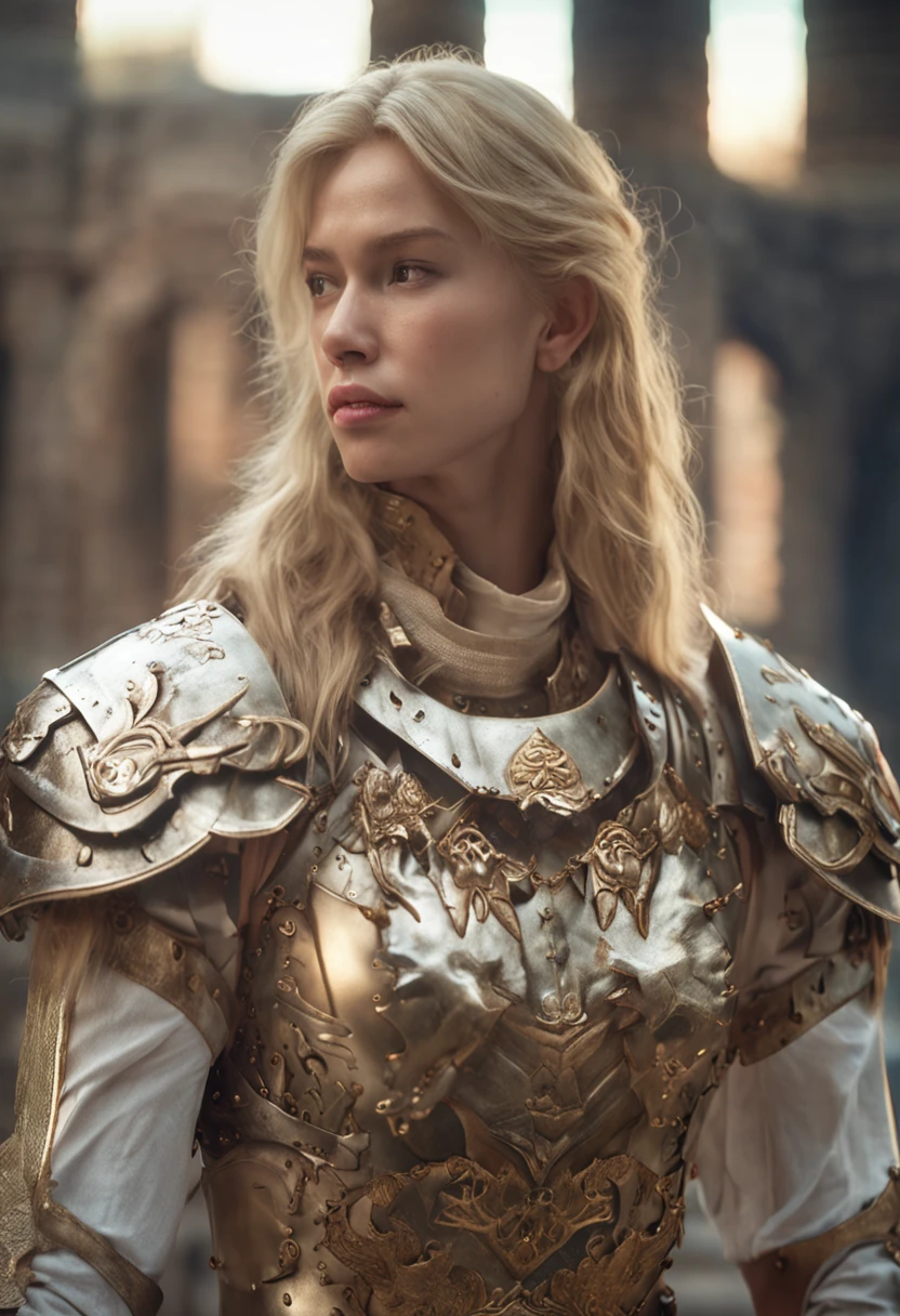 Beautiful slim young long hair with bangs blonde Tan Songyun in tattered white fantasy armor with exposed chest, Castle interior, hyper HD, River fantasy, micro details, Soft light, Photorealistic, Proportional, 超详细信息