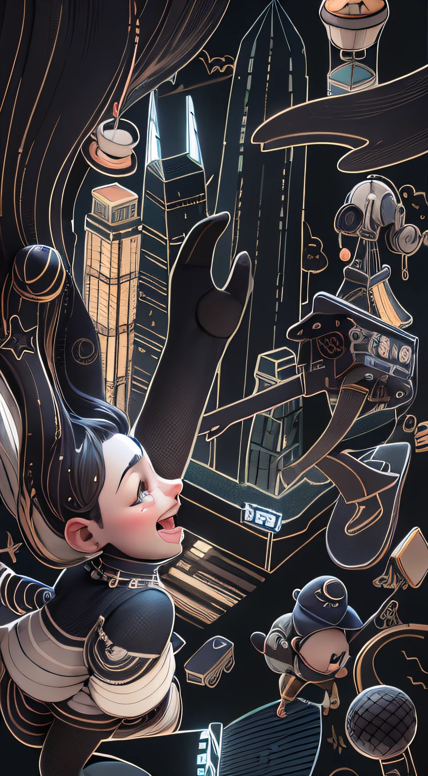 A young girl, smiling, flying in the sky, high-fiving people, the background is a busy complex city, full of tall buildings and traffic, bubble matte design exaggerated pressure and movement, bright light, exaggerated pressure and action, bright lighting, clay materials, precision mechanical parts, close intensity, 3d, super detail, C4D, poignant grade rendering, mixed