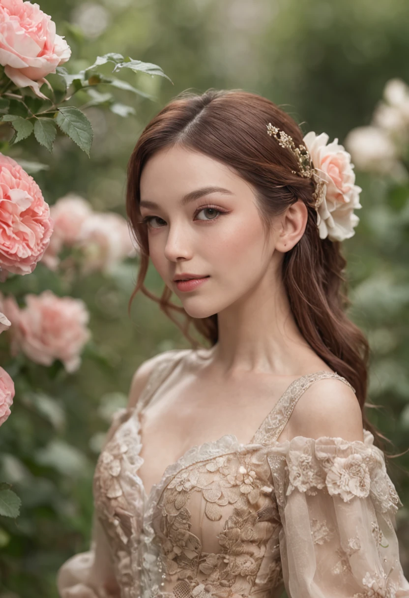 1girl,moyou,standing,exquisite makeup,rich in detail,ornate pattern,perfect body,clothes_prompt,professional photograph,(smile:0.5),romance,(rose:1.1),garden,