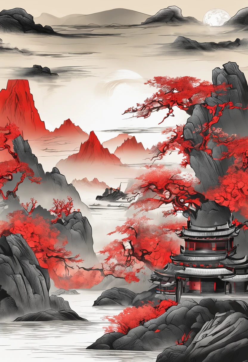 Mountain and Sea Lark Scroll，Chinese painting style，Fine drawing，Beautiful mountains and rivers，The red sun shines，Ancient mythical beasts come to life，Epic composition，Just the right shade，Show a strong national style atmosphere