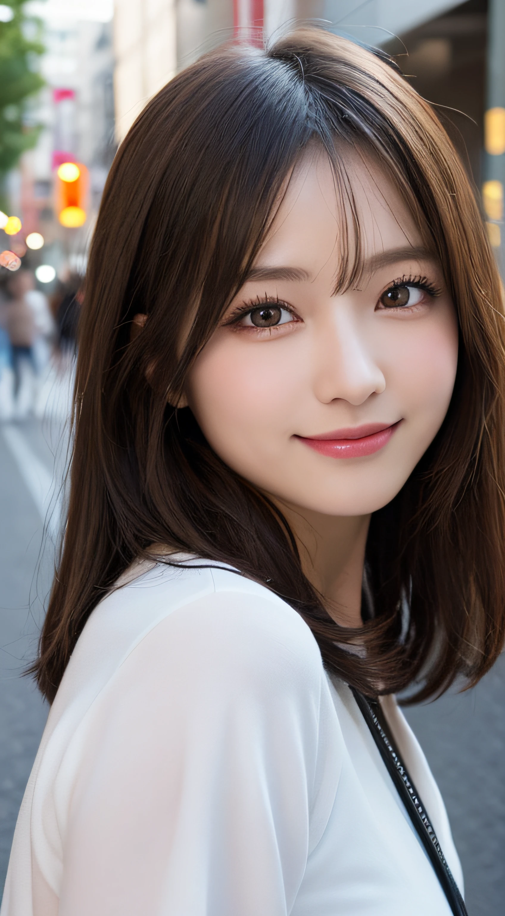 masutepiece, Best Quality, Illustration, Ultra-detailed, finely detail, hight resolution, 8K Wallpaper, Perfect dynamic composition, Beautiful detailed eyes, doress,Medium Hair, Natural Color Lip, Random and sexy poses,Smile,Aoyama Street Walk、20 years girl