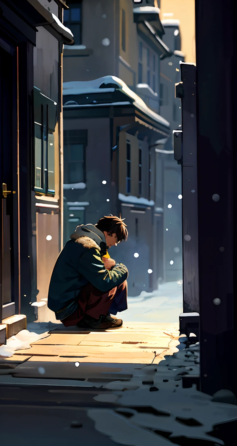Masterpiece, Best quality, cinematic Film still from,Draw a man sitting on the threshold of a street in another world,The streets are full of people,He opened his palms with the help of snowflakes,Look at the sky in a daze。Two-dimensional style,Highest image quality